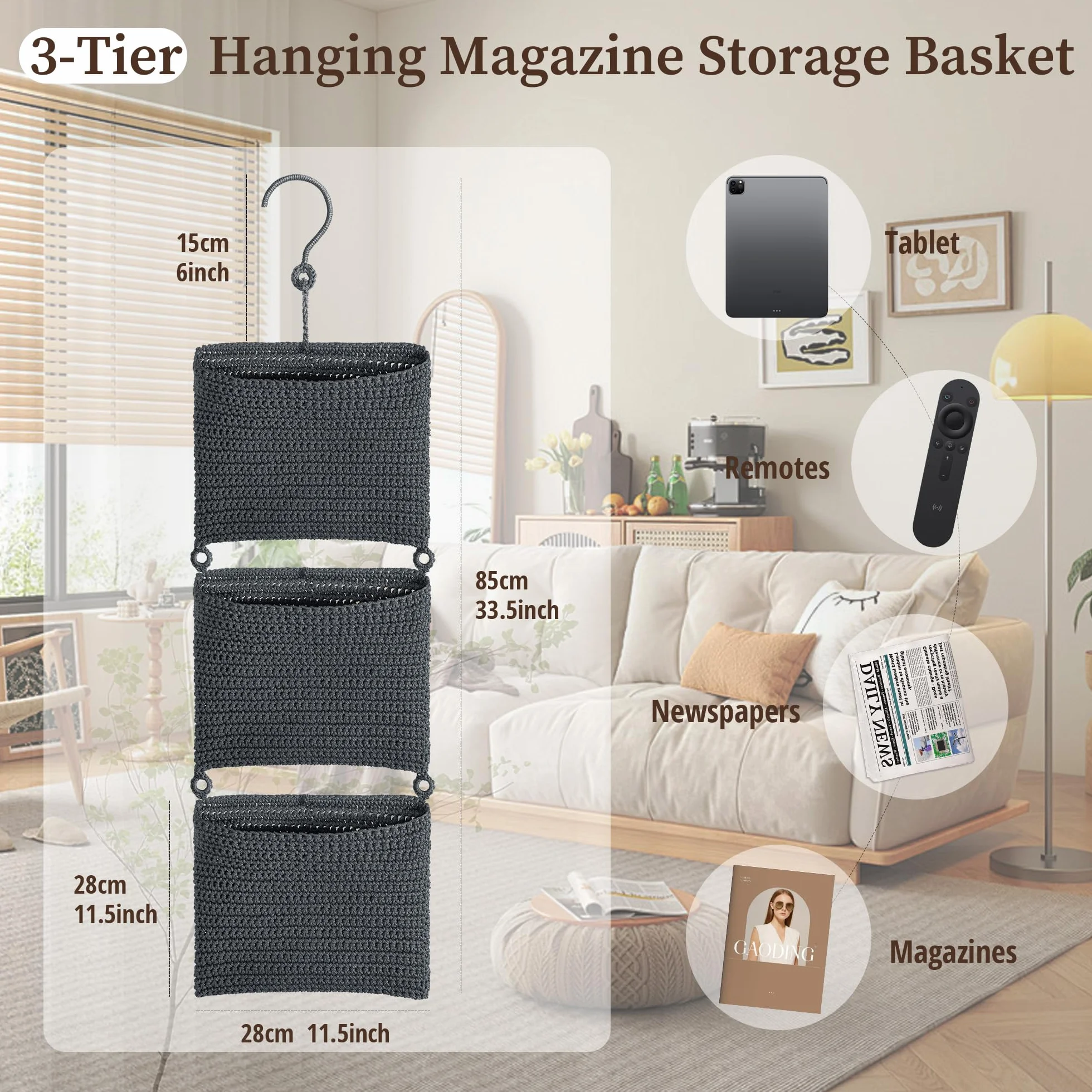 Cestino da parete a 3 ripiani con ganci per riviste, organizer decorativo, decorazione per cameretta dei bambini, soggiorno, camera da letto, bagno, grigio