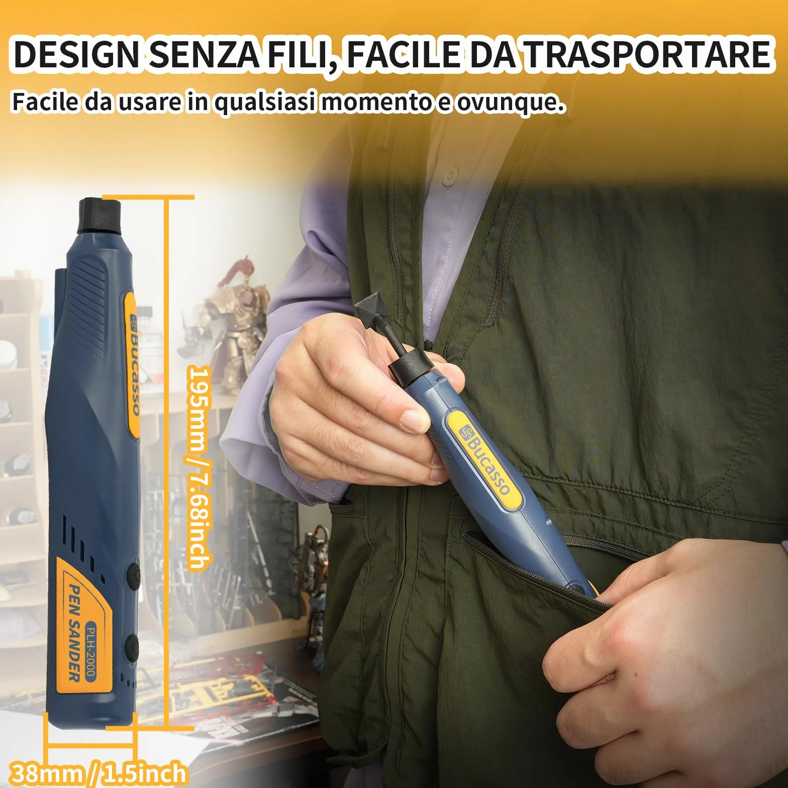 Levigatrice a Penna Senza Fili 5 Velocità Ricarica USB Luce LED Multiuso per Levigatura Lucidatura Finitura