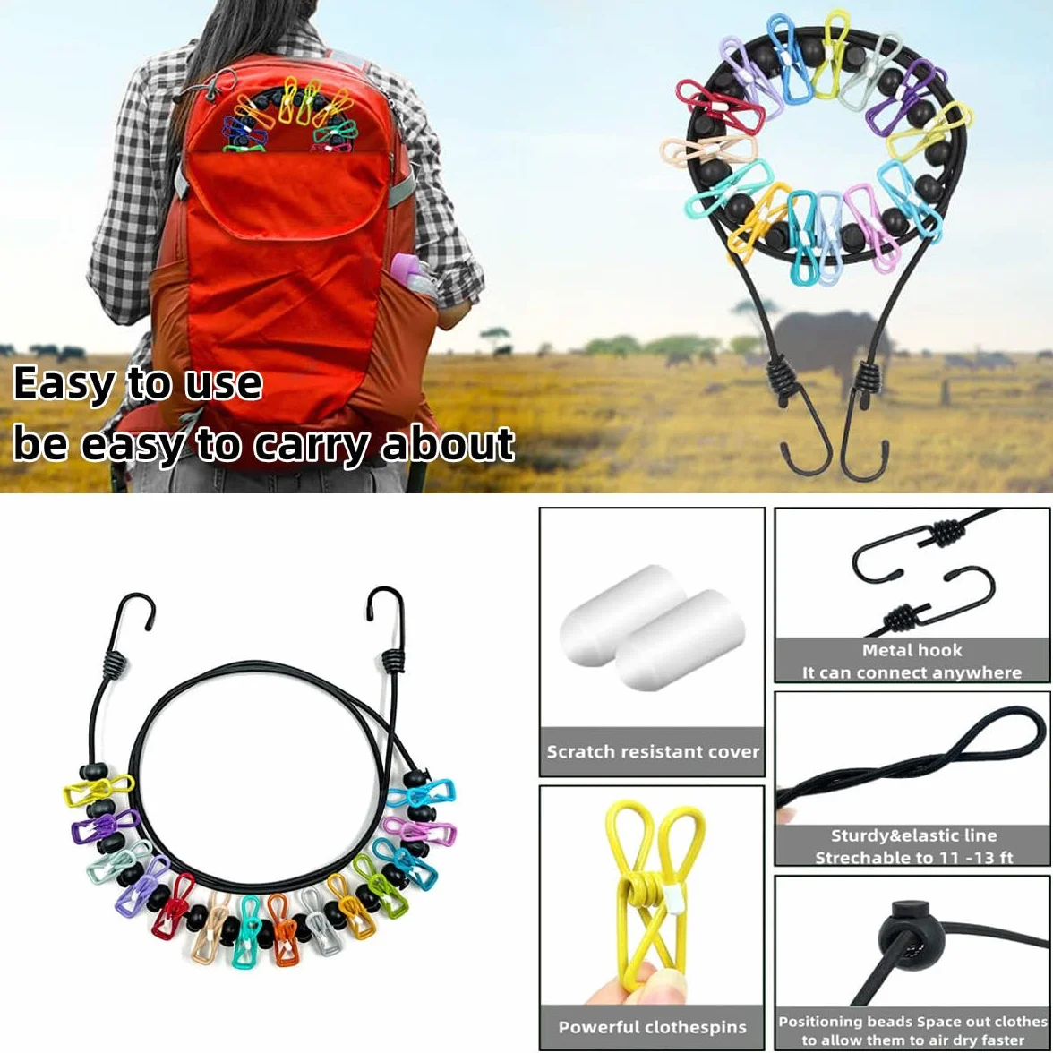 Stendibiancheria campeggio,Corda per biancheria antiscivolo, da viaggio, portatile, con 12 mollette, accessori da campeggio, vacanze e dormitorio