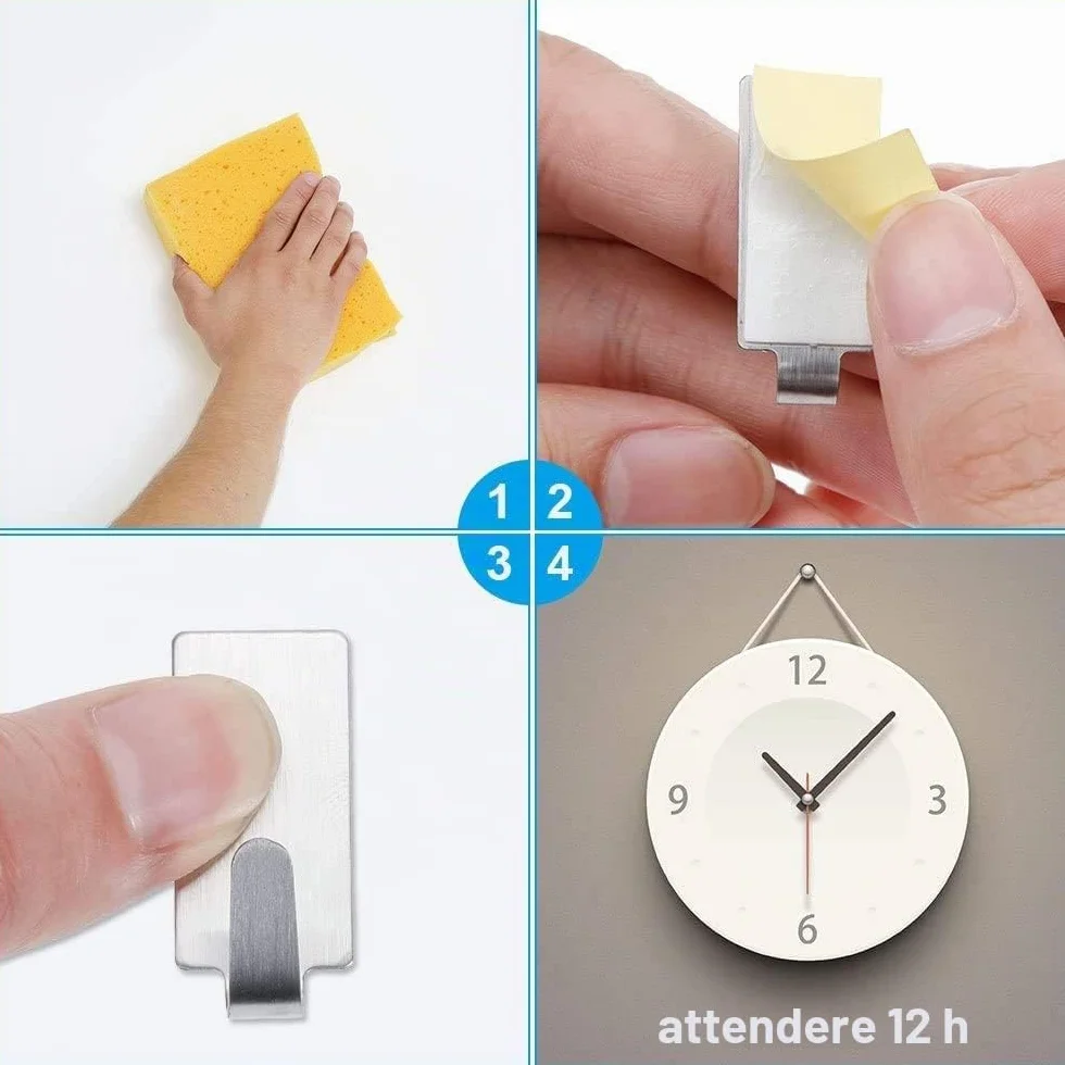 Ganci Adesivi da Parete in Acciaio Inossidabile, Appendini per Cucina Bagno Senza Perforazione, 12 Pezzi