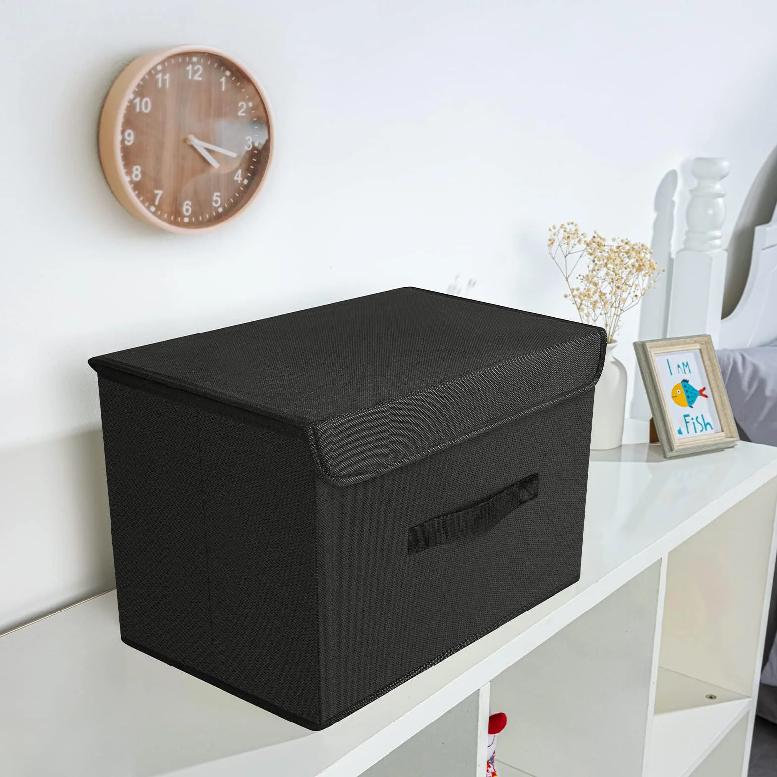 DIMJ Scatole per Armadio - Scatole Portaoggetti Contenitori con Coperchio Pieghevole, Scatola Porta Oggetti con Manici, Non Tessuto, per Armadio, Scaffali, 2 Pezzi, Nero, 38 x 25 x 25 cm