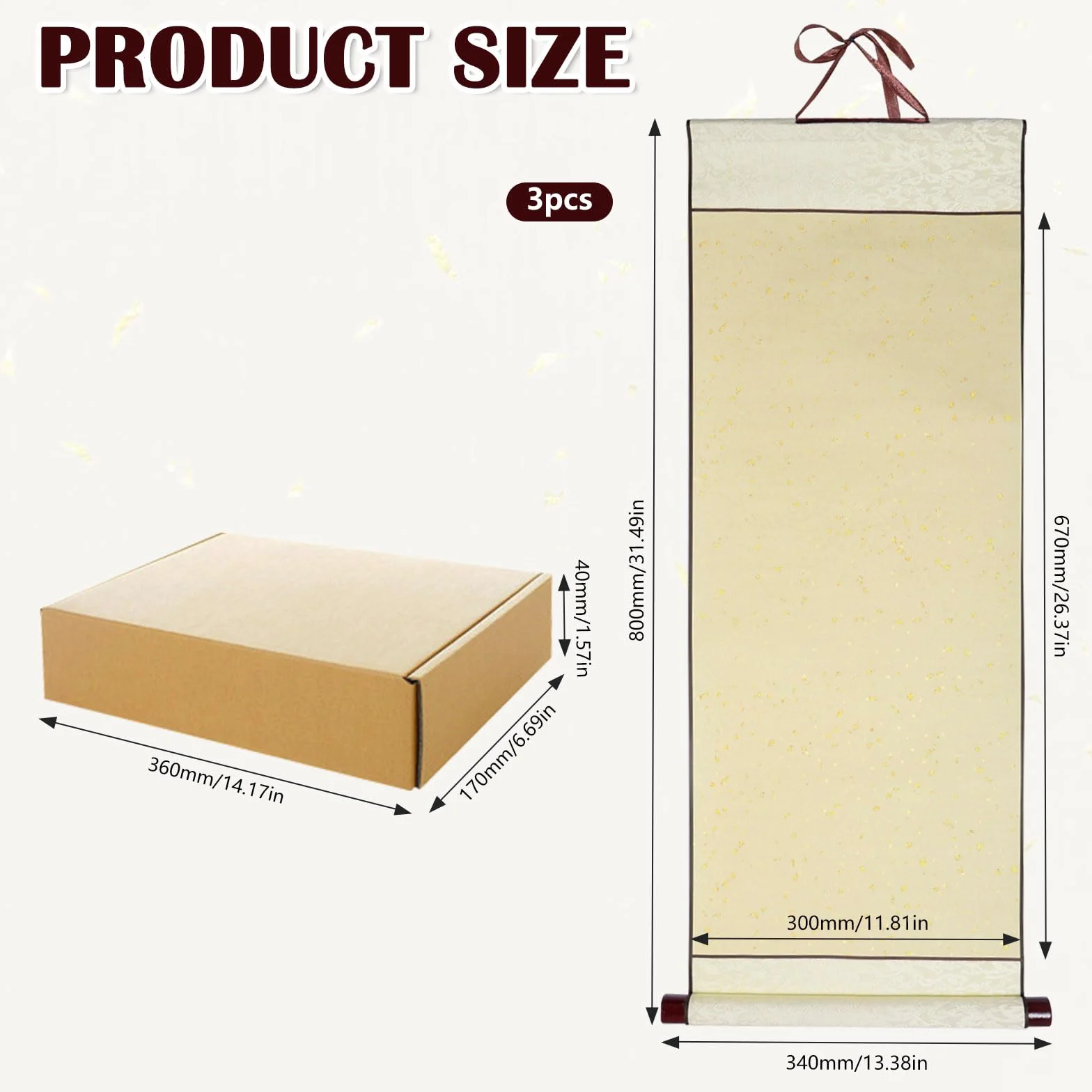 Keboyoe 3 Rotolo 80×34cm Xuan Carta Pergamena Bianca per Chinoise Calligraphie, Carta Pergamena Scroll Rice Paper con Aste di Legno per Peinture Scrittura Chinois