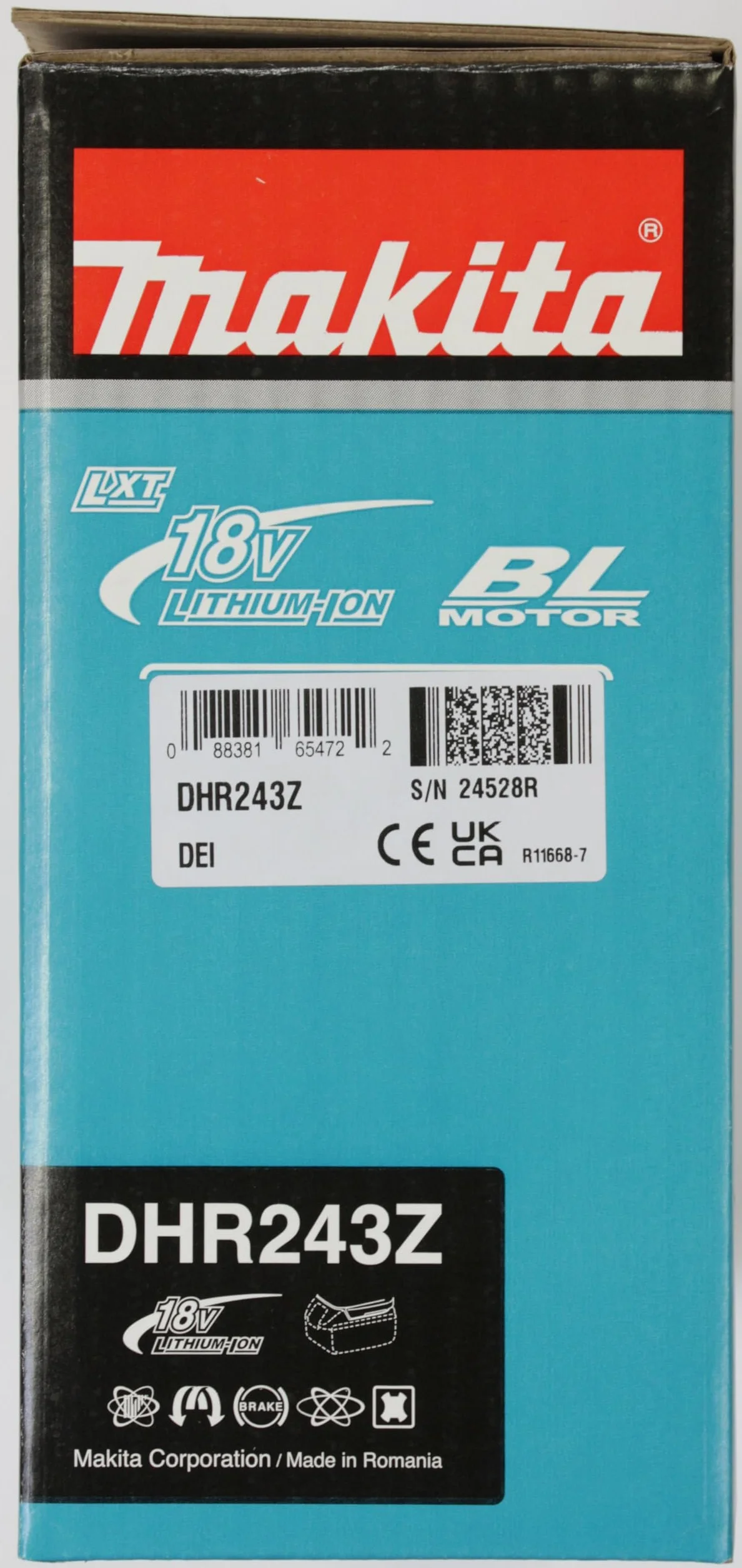 Makita DHR243Z DHR243Z-Martillo ligero 18V SDS-Plus Litio-Ion 24 mm BL (portabrocas) Solo Maquina sin cargador Ni bateria, 1 V, Nero, Large