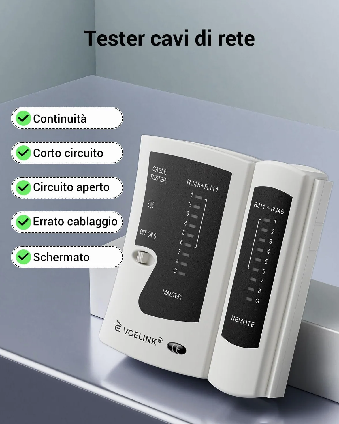 VCELINK Tester Cavi di Rete RJ45 Professionale POE, Test Ethernet per RJ45/RJ11/RJ12, Grigio