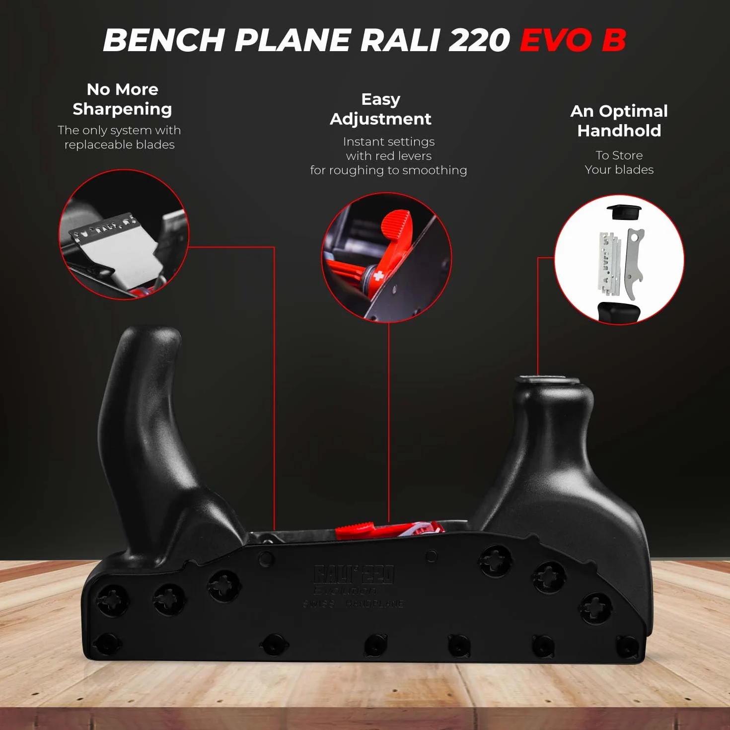 RALI 220 EVO B: Pialla a mano Senza Affusione per la lavorazione del legno con 2 Impostazioni veloci: Profondità di taglio e contrferro | Pialla professionale da Falegname Sempre Operativo!