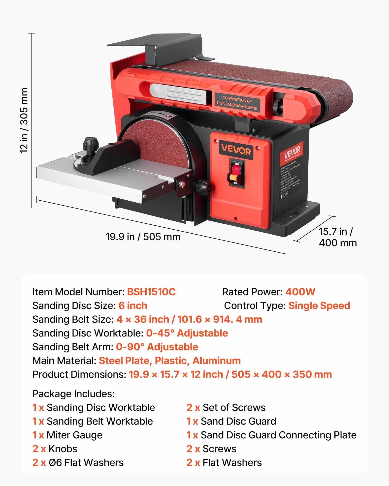 VEVOR Levigatrice a Disco da 152,4 mm Levigatrice a Nastro 101,6 x 914,4 mm da 400 W con Piano di Lavoro Regolabile 0 a 45° Porta di Raccolta Polvere per Lavorazione del Legno, Fai da te