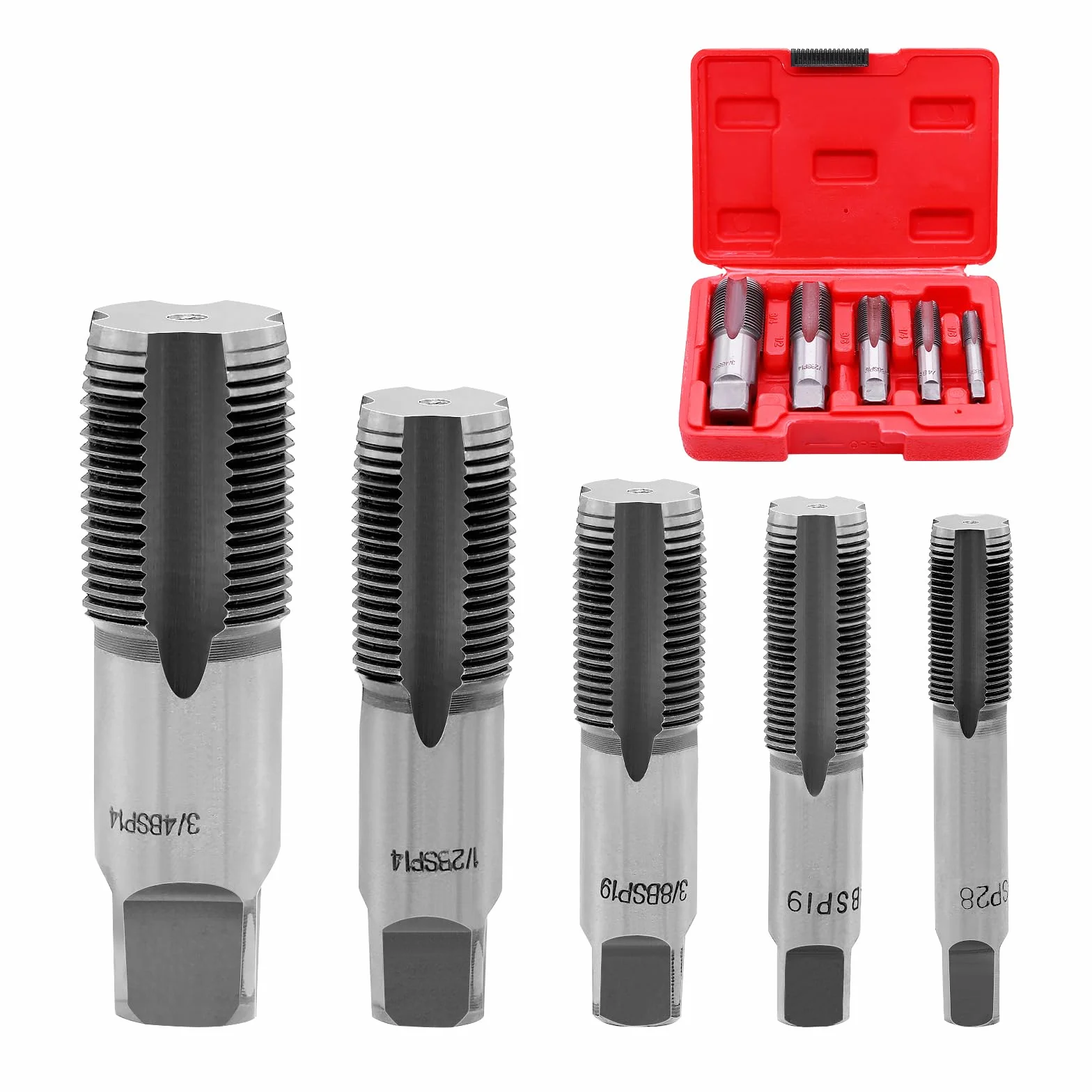 Set di 5 trapani per filettatura tubi BSP: 6,3 mm, 12,7 mm, 9,5 mm, 12,7 mm, 19 mm. Set di trapani per filettatura professionale per riparazioni, con scatola
