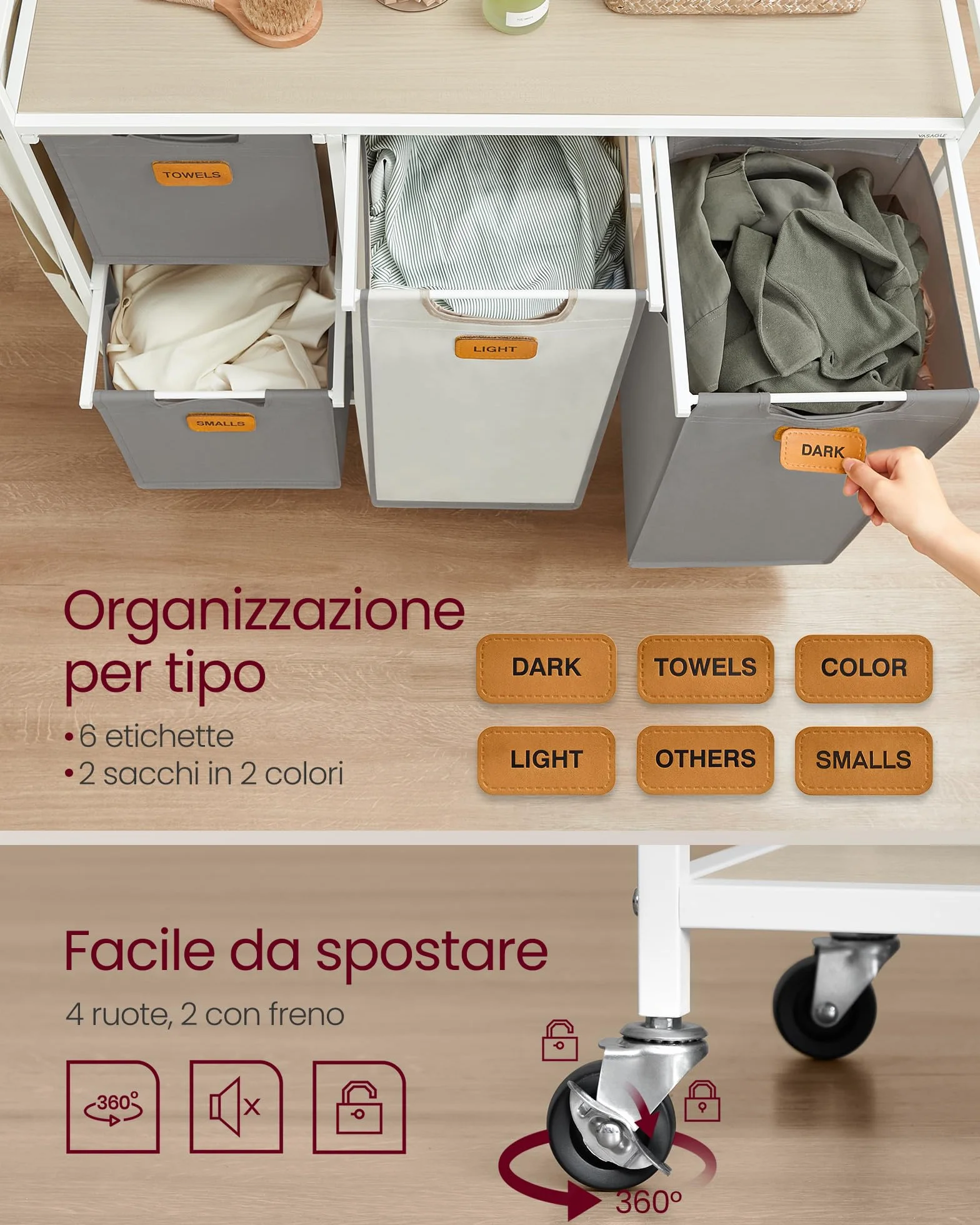 VASAGLE Cesto Portabiancheria 4 Scomparti, Porta Biancheria 150 L, Carrello per Biancheria con Piano, Sacchi, Tasche Laterali, 6 Etichette, Beige Naturale, Grigio Tortora e Bianco Crema BLH203G01