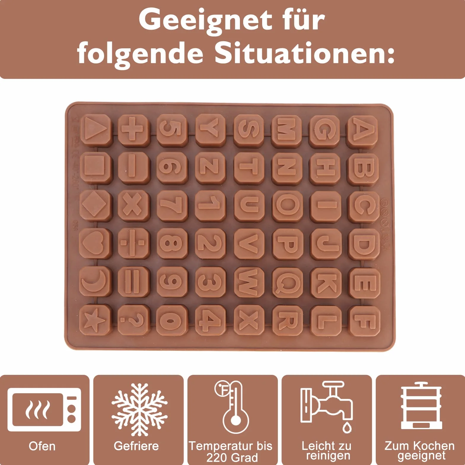 Seifenprofis - 48 lettere (A-Z), numeri e caratteri speciali – stampo in silicone per sapone, cioccolato e altre creazioni (24 x 18 x 1,5 cm)
