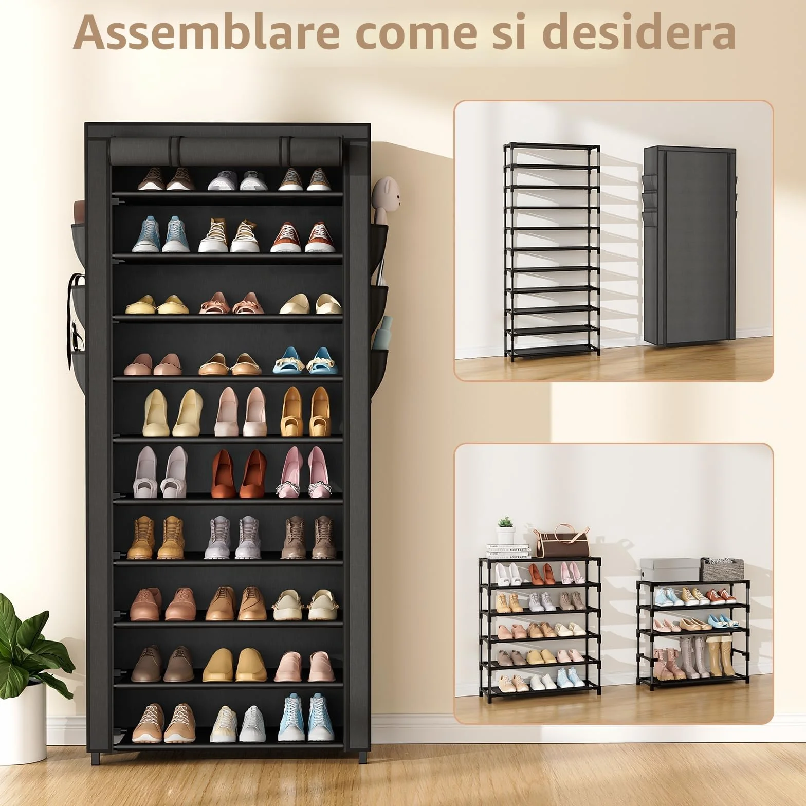 Vicye Scarpiera in Tessuto 11 Piani per 36-41 Scarpe, Scarpiera Alta Slim con Copertura Antipolvere, Portascarpe a Risparmio di Spazio, Struttura in Metallo, Ideale per Ingresso o Soggiorno, Nero