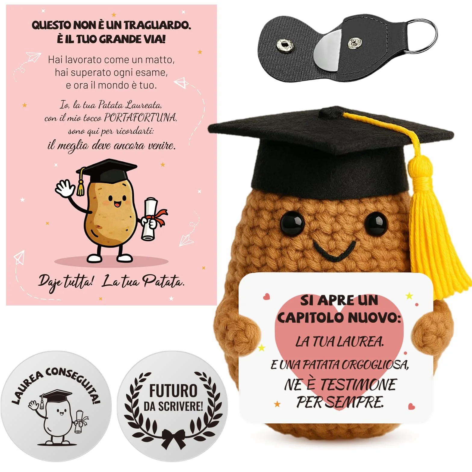 Regalo Laurea Patata Incoraggiante all'Uncinetto a Mano - Pocket Hug Patata Fortunata con Portafortuna Esami e Biglietto di Auguri