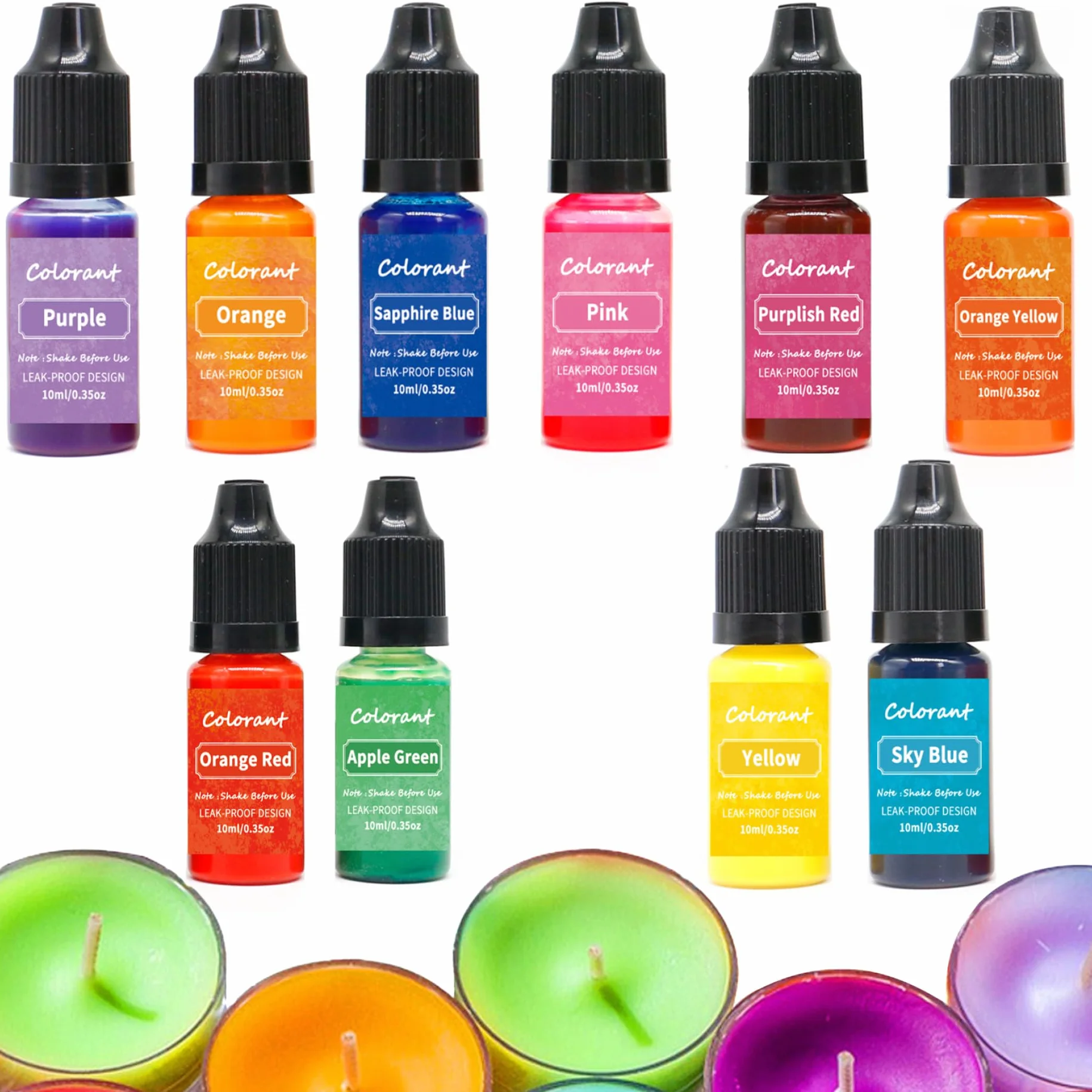 Diccone a candela per cera di soia, 10 colori da 10 ml di colorante a candela, colorante a base di olio liquido altamente concentrato, concentrare il colore della candela per la produzione di candele