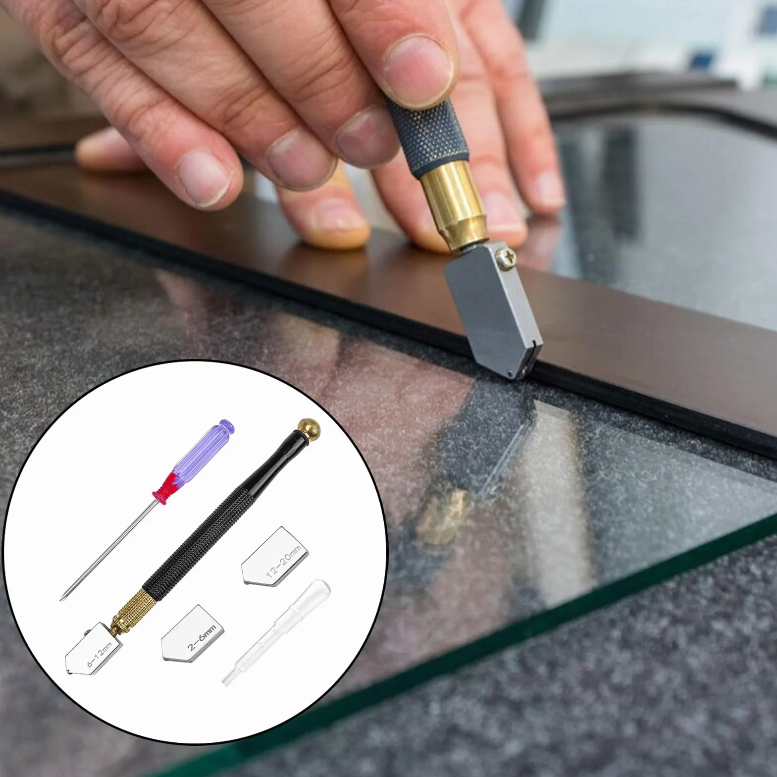 Tagliavetro, tagliavetro, tagliavetro per vetro spesso, tagliavetro, con 3 teste di taglio in metallo duro, adatto per tagliare vetro spesso (2 mm - 20 mm)