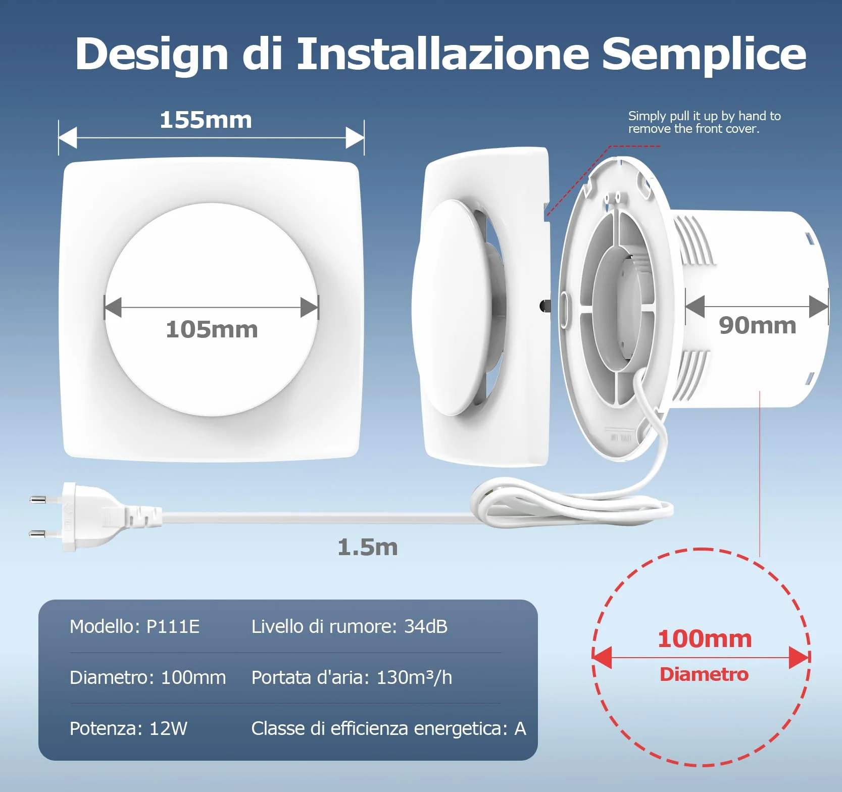 Aspiratore Bagno 100mm 130m³/h IPX4 Silenzioso Estrattore Aria