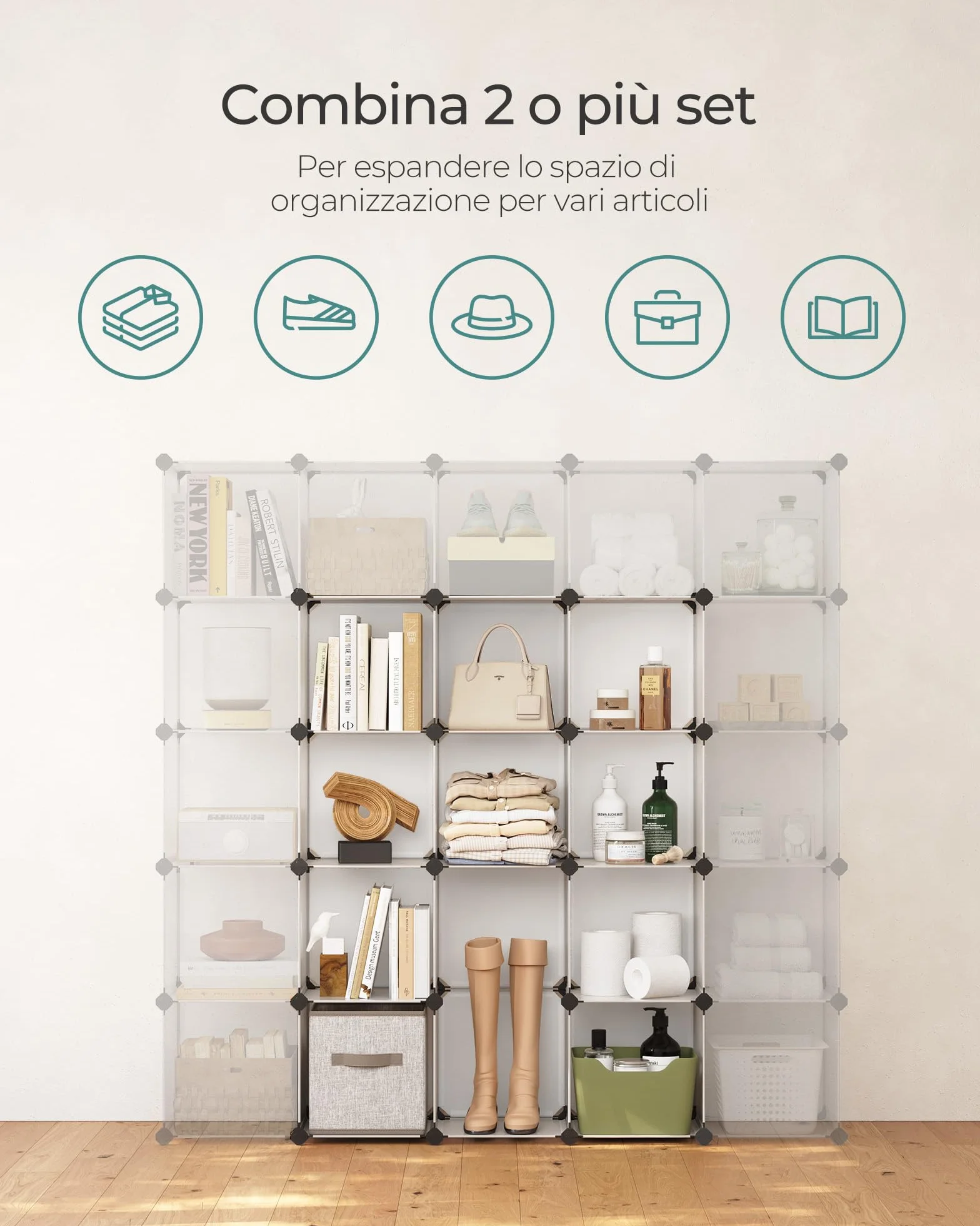 SONGMICS Scarpiera Componibile, Scaffale a 16 Cubi Modulari, Guardaroba, Recinto per Animali Domestici, Camera da Letto Cabina Armadio Ingresso, 31 x 123 x 123 cm, Bianco LPC44L