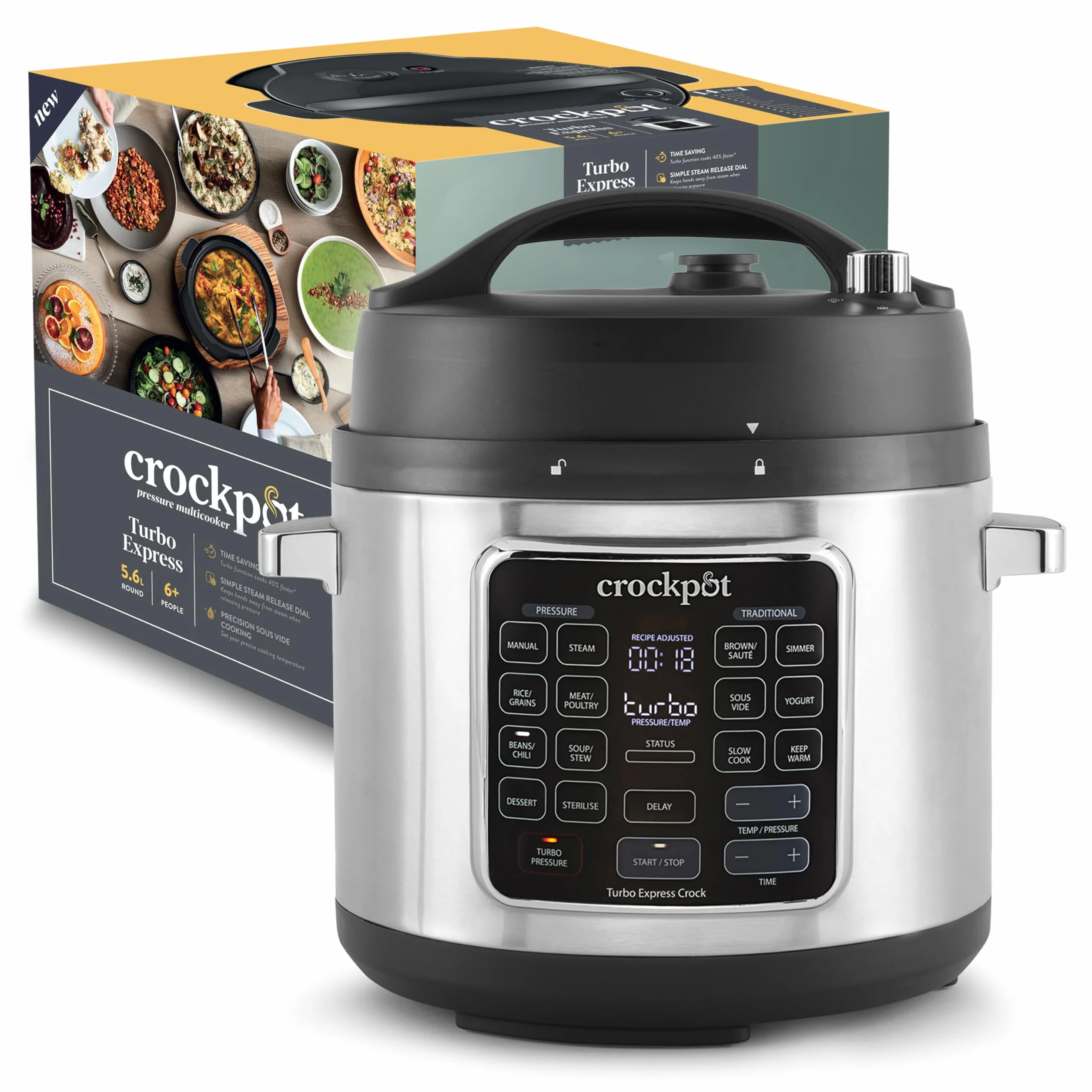 Crock-pot TURBO Express MultiCooker 5.6l, 6 Persone,Programmabile,14 funzioni pre-impostate,Cottura a Pressione, Vapore,Slow Cooker,Rosolatura,Sous Vide,Bollitura,Sterilizzazione,Yogurt,1400W,Argento