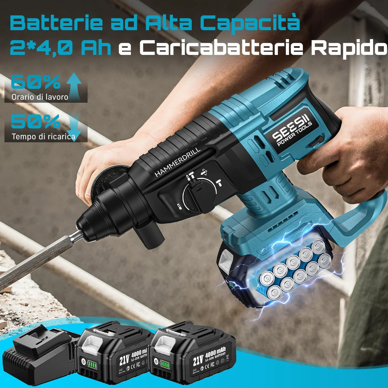 SEESII Tassellatore a Batteria: 600W, Energia d’Impatto 2.5J, con 2 Batterie e Caricatore, Trapano a Percussione Batteria, Martello Perforatore Ideale per Fai-da-te e Lavori Edili