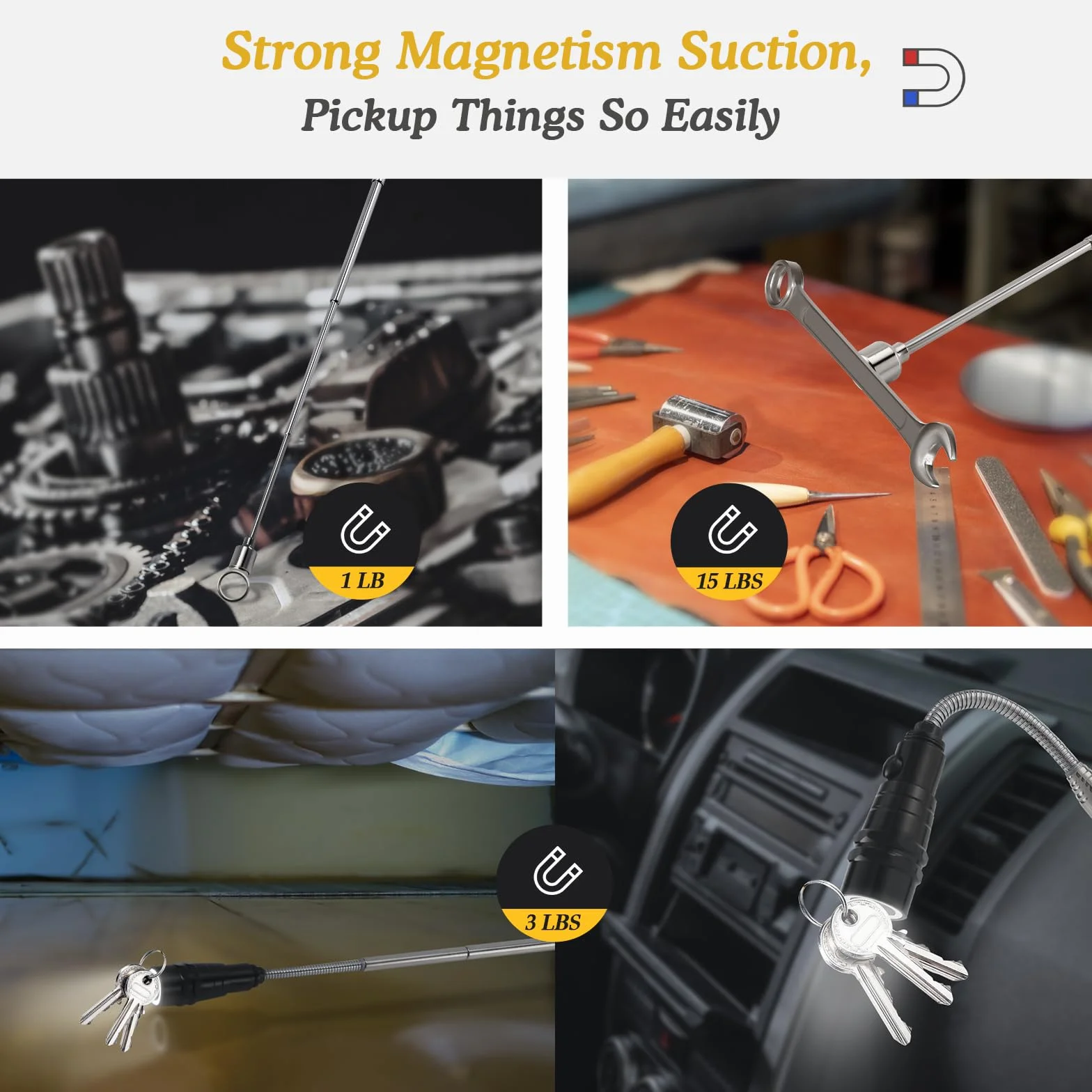 Housolution Kit di Strumenti Telescopici Magnetici, 5 pezzi con Impugnatura Retrattile, Prelievo Magnetica da 1&15 lbs, Specchio di Ispezione Rotondo e Quadrato Regolabile a 360°,Torcia LED Flessibile