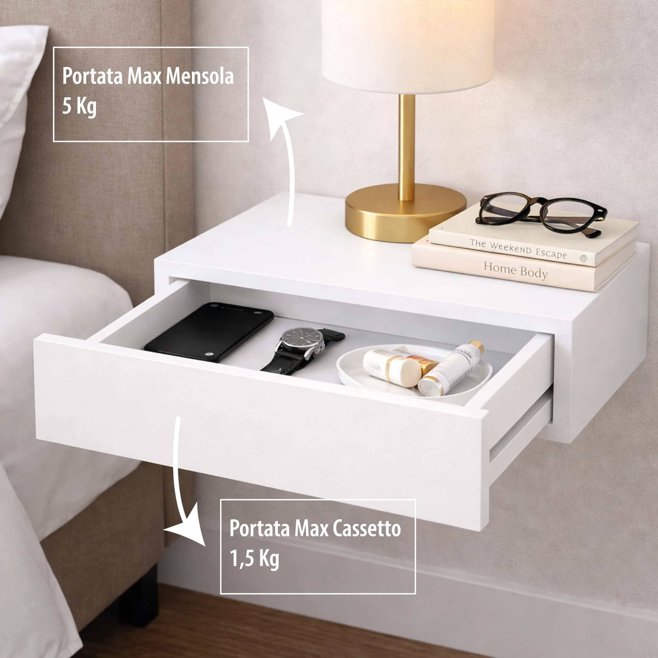 Mensola a Parete con Cassetto Integrato - in Legno, Sospeso, Design Moderno, Versatile, Salvaspazio, per Soggiorno, Ingresso, Camera da letto, Portata 5Kg - 40X24X10h CM (Bianco)