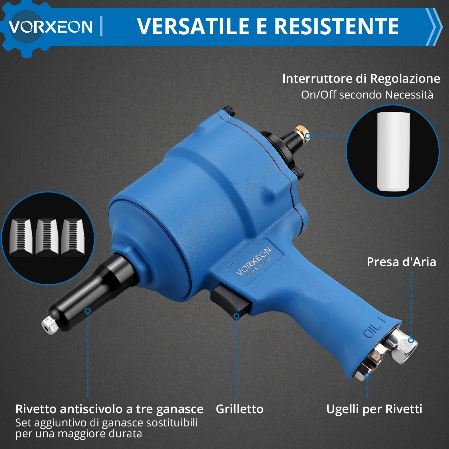 Set Rivettatrice Pneumatica Autoaspiranti Forza Trazione 1000KGF 4 Bocchette 2,4-4,8mm Pistola Rivettatrice Aria Compressa