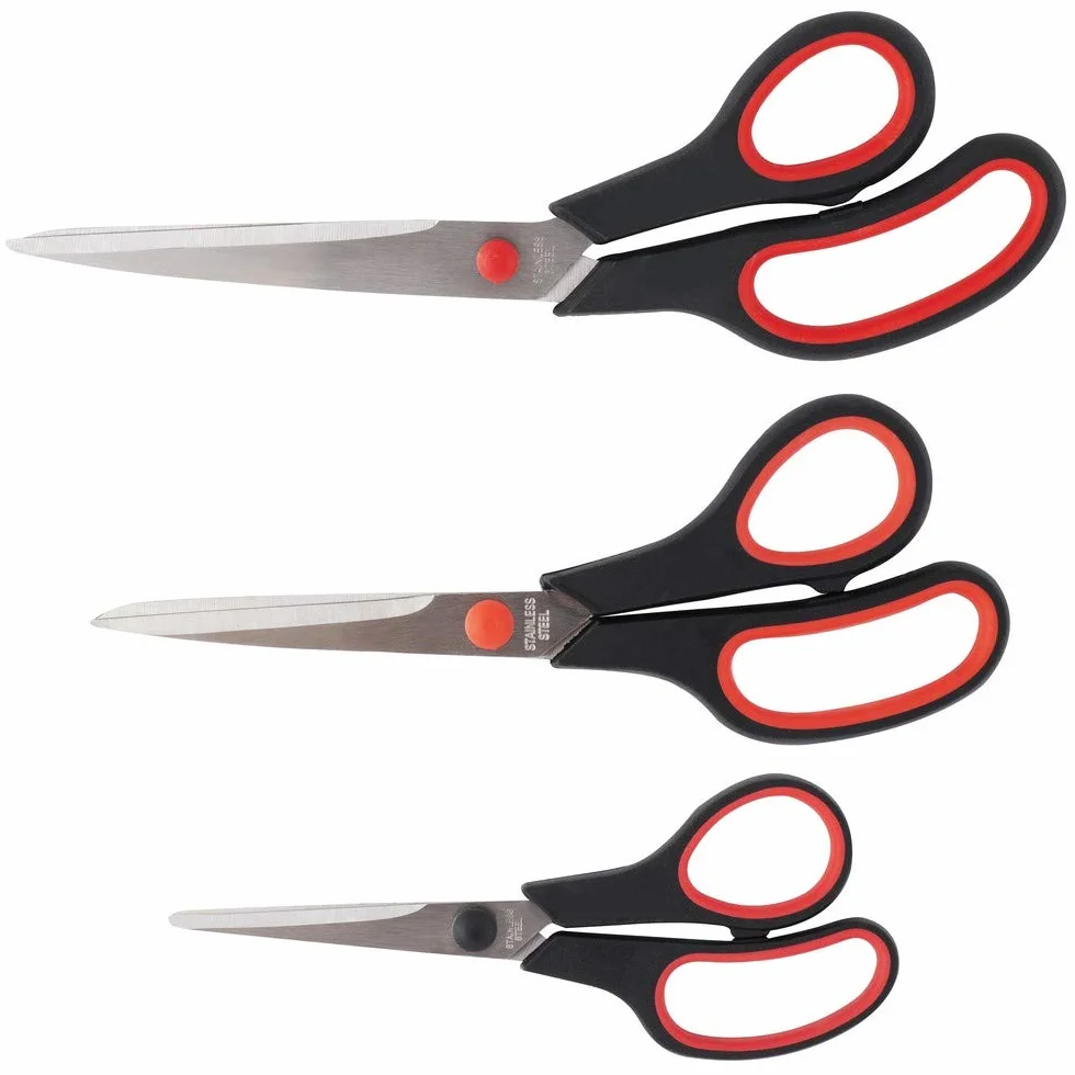 D.RECT Set di Forbici 3 Pezzi 16/21/25 cm, Forbici in Acciaio Inox con Impugnatura Gommata da Ufficio e Casa per Carta, Cartone, Pellicola e Nastro Adesivo