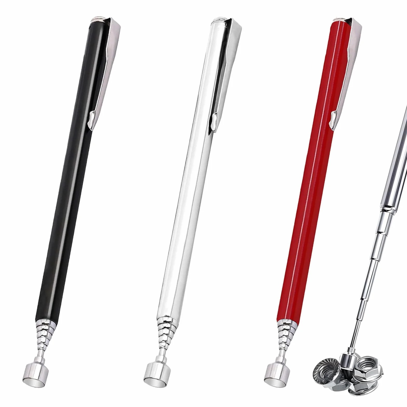 3 Pezzi Strumento di Raccolta Magnetico Telescopici Set, Asta Telescopica Portatile e Magnetica, Penna Magnetica Telescopica per Bulloni, Dadi, Viti, Estensibile fino a 65cm/62cm (Argento/Nero/Rosso)