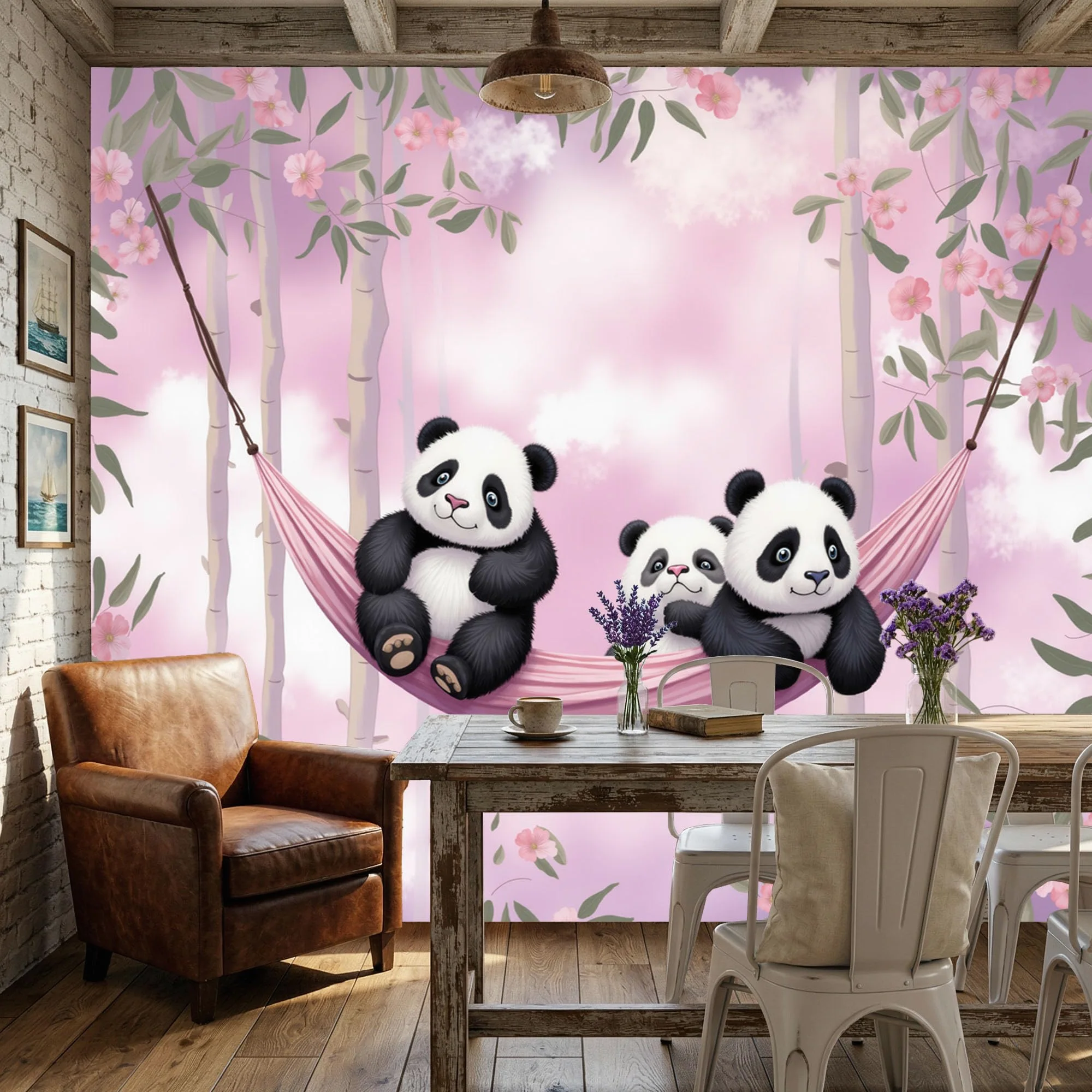 Carta da Parati no Adesiva Muro Fiori e nuvole Carta da Parati Camera da Letto Panda animale per Home DIY Decoration Wall no Adesiva rosa Muro 350x256cm