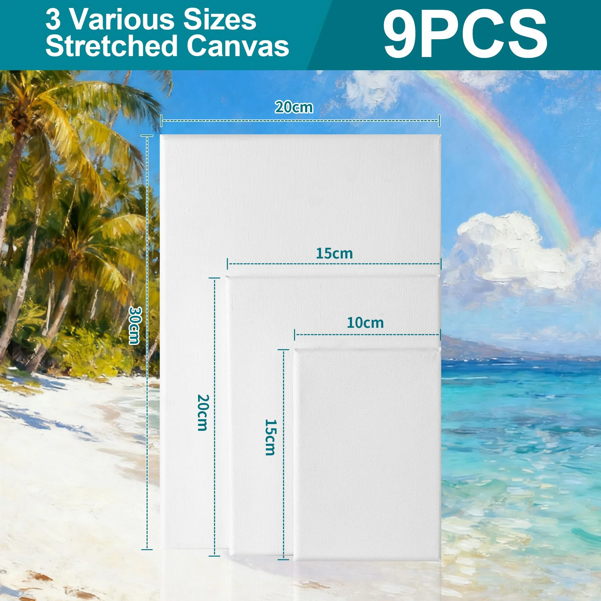 Set di 9 Tele per Dipingere 30x20 20x15 15x10cm, Tela per Dipingere in Cotone Senza Acidi Triple Gessatura,Tele da Dipingere Canvas Ideali per Acrilici per Dipingere, Acquerelli e Artisti Principianti