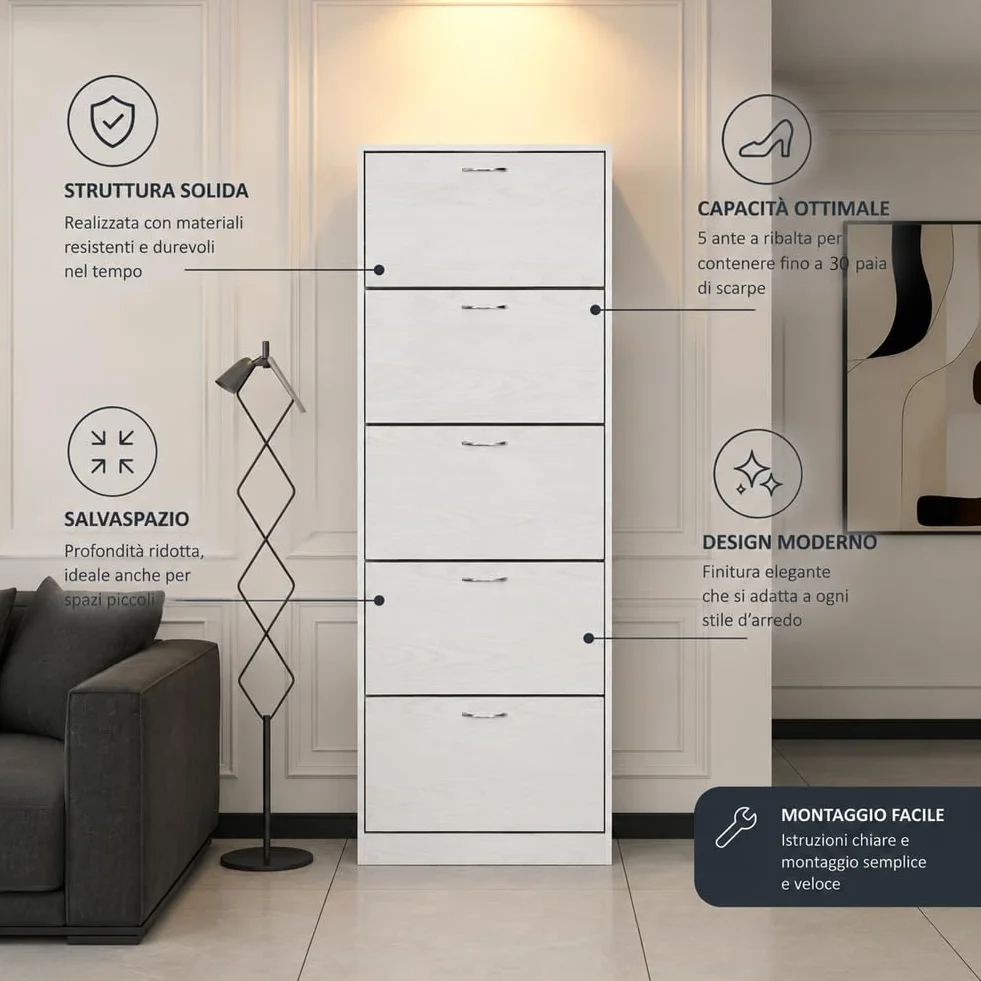 BAKAJI Scarpiera 5 Ripiani Salvaspazio con Maniglia, Portascarpe con Struttura in Legno e Ante a Ribalta con Doppio Fondo, Capacità Fino a 30 Paia di Scarpe, 63 x 24 x 170 cm (Bianco)