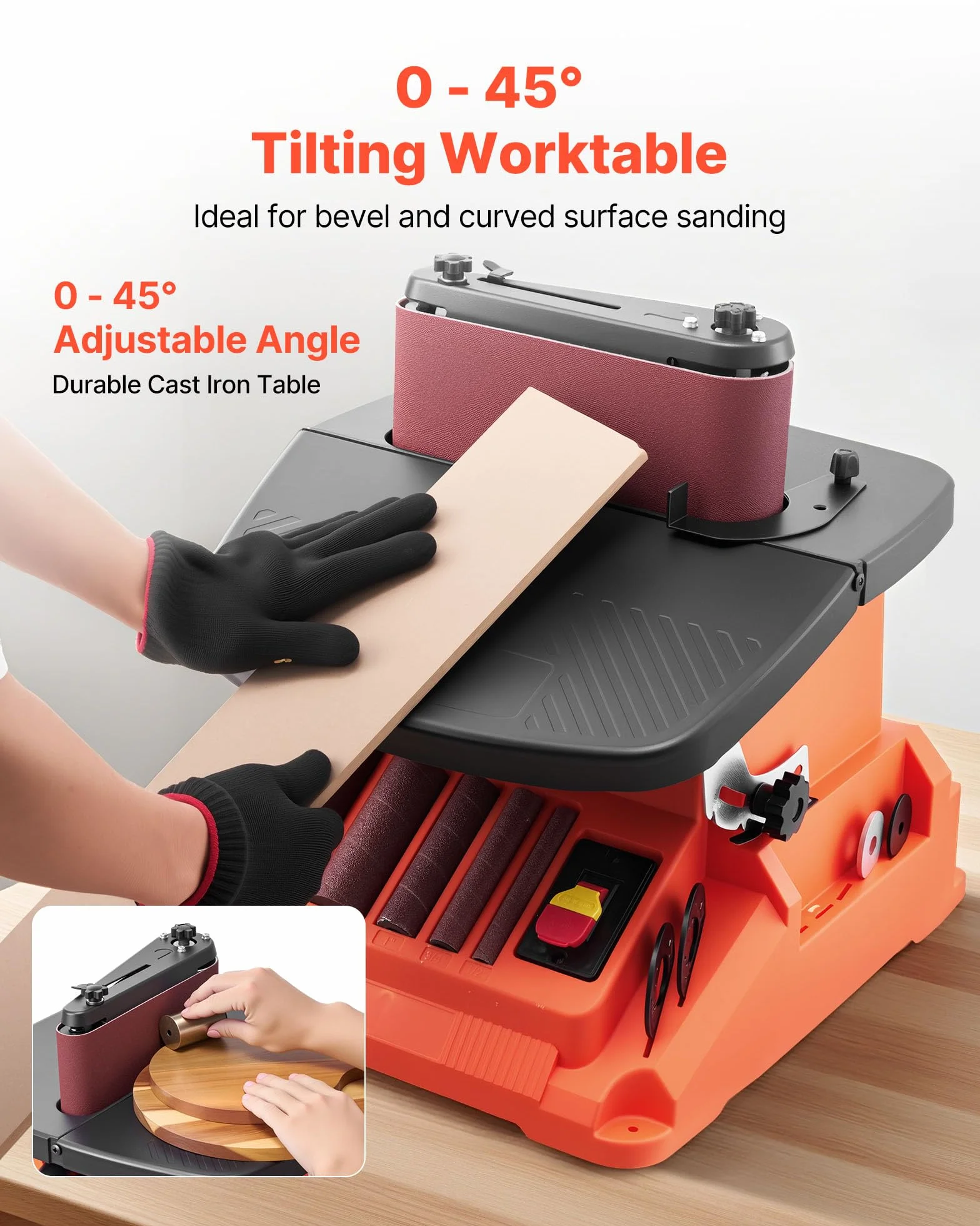 VEVOR Levigatrice a Nastro e Mandrino Oscillante, Smerigliatrice da Banco da 2000 giri/min con Corsa da 16 mm, 5 Manicotti 12,7-50,8 mm e Nastro Abrasivo da 610 x 98 mm per Lavorazione del Legno