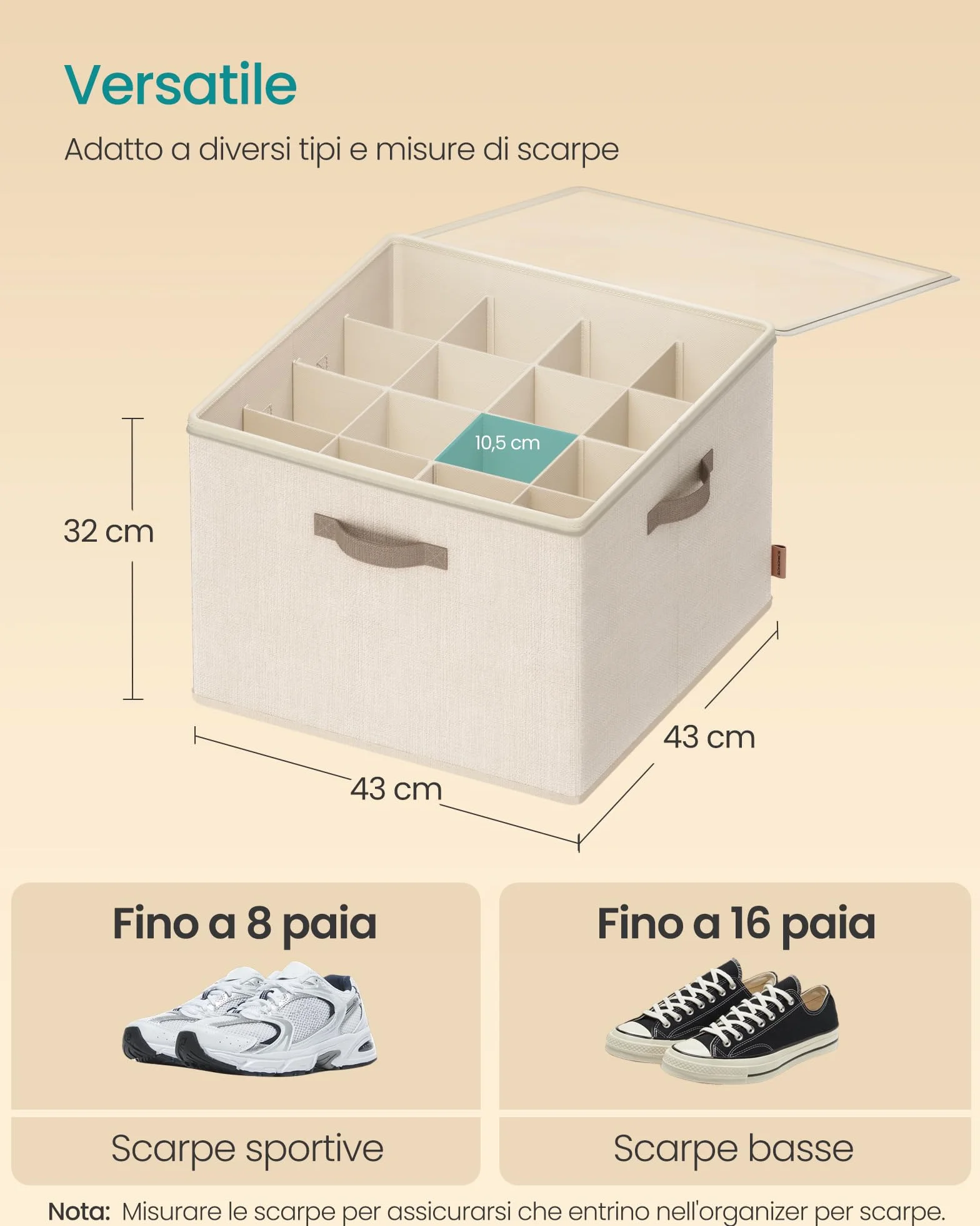 SONGMICS Organizer Scarpe, Ciascuno per Fino a 16 Paia, Scatole Contenitori Scarpe, Divisori Regolabili, Impilabile, Coperchio Trasparente, per Armadio, Set di 2, Beige Cappuccino LSP622LH01