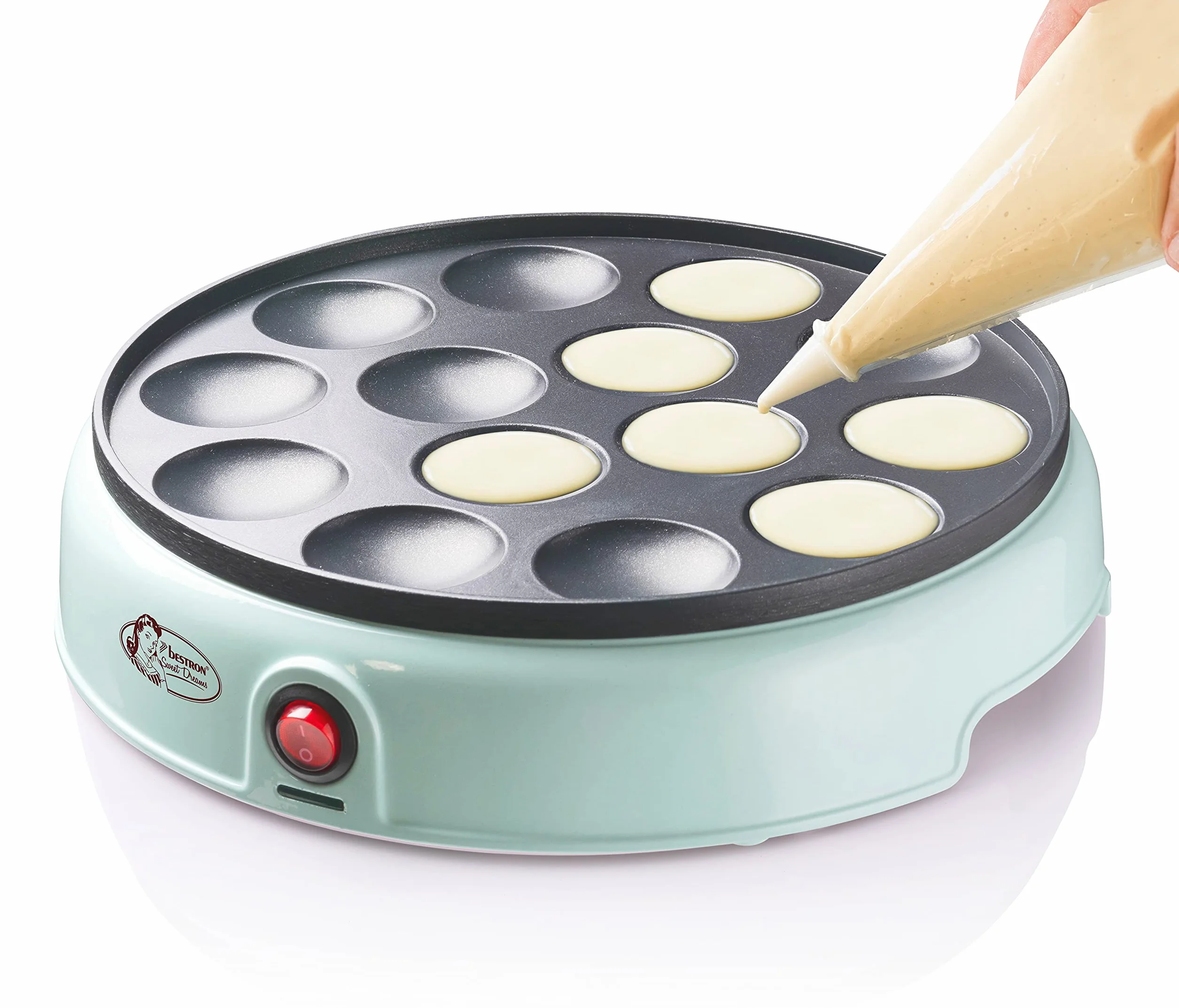 Bestron macchina per poffertjes retrò, mini crepes, specialità olandese, rivestimento antiaderente, spia luminosa, Sweet Dreams, verde