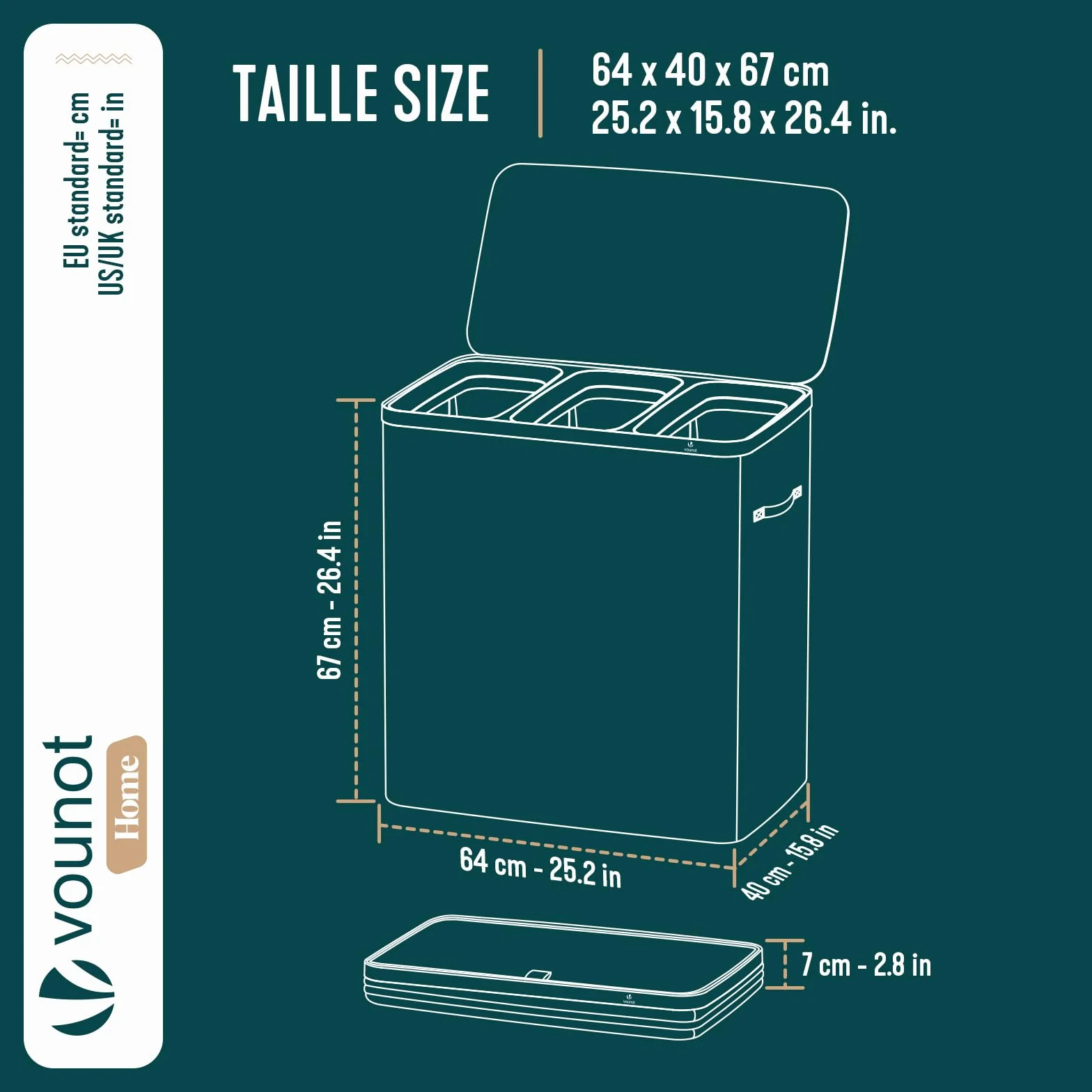 VOUNOT® Cesto Portabiancheria 170L Rettangolare a 3 Scomparti con Coperchio, Cesto Biancheria Grande Capacità con 3 Sacchi Rimovibili Autoportante e Manici, per Bagno, Camera e Lavanderia, Antracite