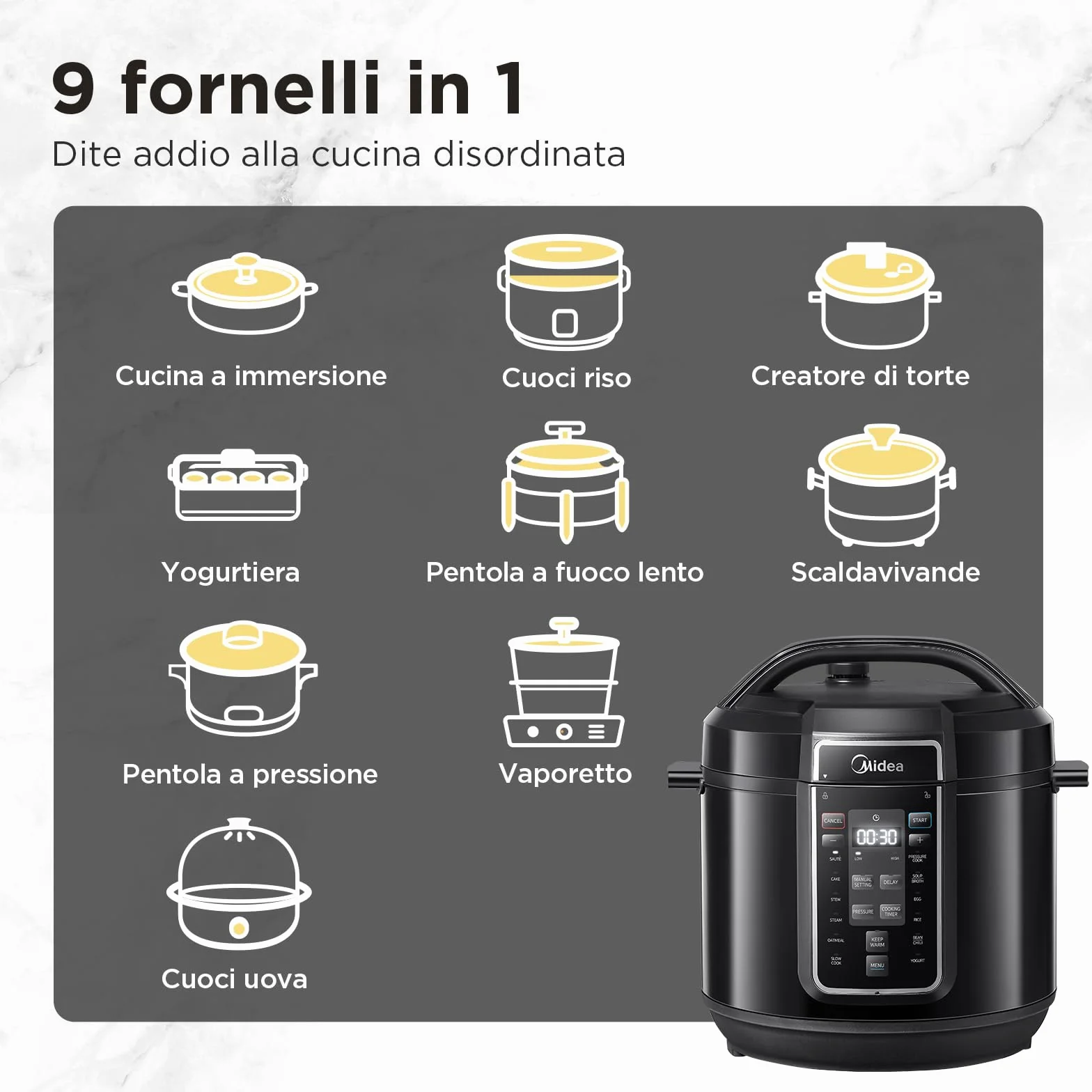 Midea Pentola a pressione elettrica 9 in 1, 12 preset multicooker istantaneo antiaderente, pentola per yogurt, cuoci riso Slow Cooker Sauté, pentola interna in acciaio inox, 8 quarti nero