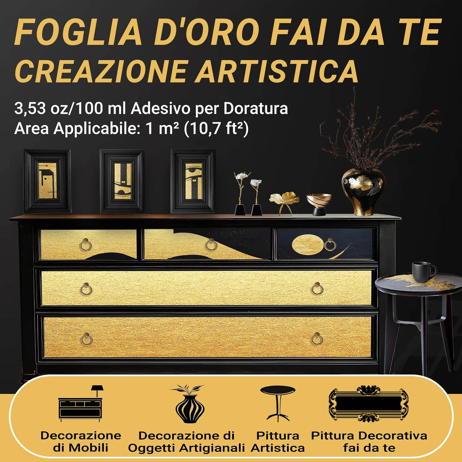 100ml Base d'Acqua Adesivo per Doratura e 100ml Vernice Protettiva, Foglia d'Oro e Champagne Oro Dorazione Kit, Mobili e Decorazione Artigianale, Pittura d'Arte, DIY Pittura Decorativa