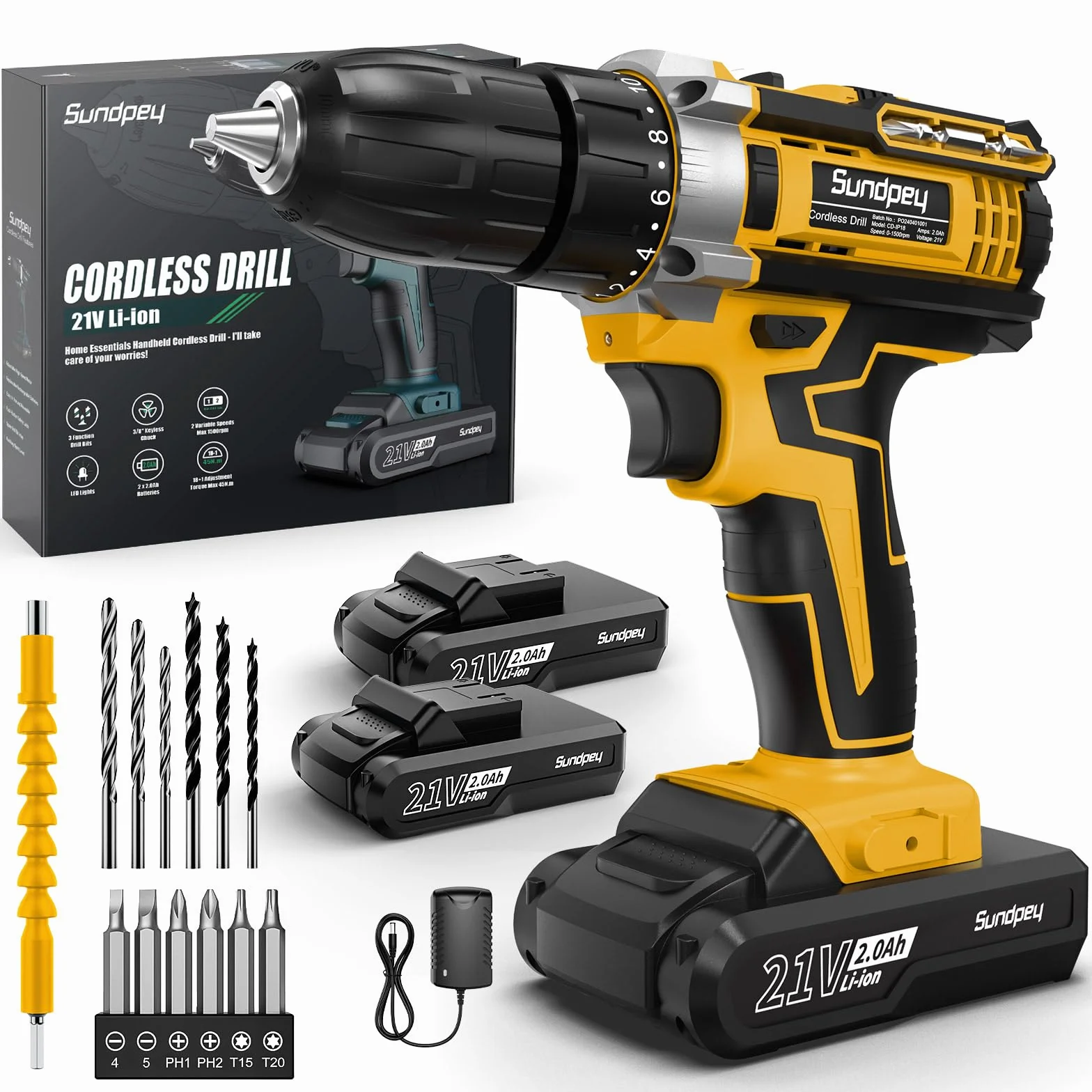 Sundpey Trapano Avvitatore Batteria 21V - Avvitatore a Batteria con 2 Batterie da 2.0Ah, 45Nm Max, 18+1 Coppia, 10mm Mandrino Trapano, Led Luce, 2 Velocita, 19pcs Avvitatore Elettrico Per Fai da te