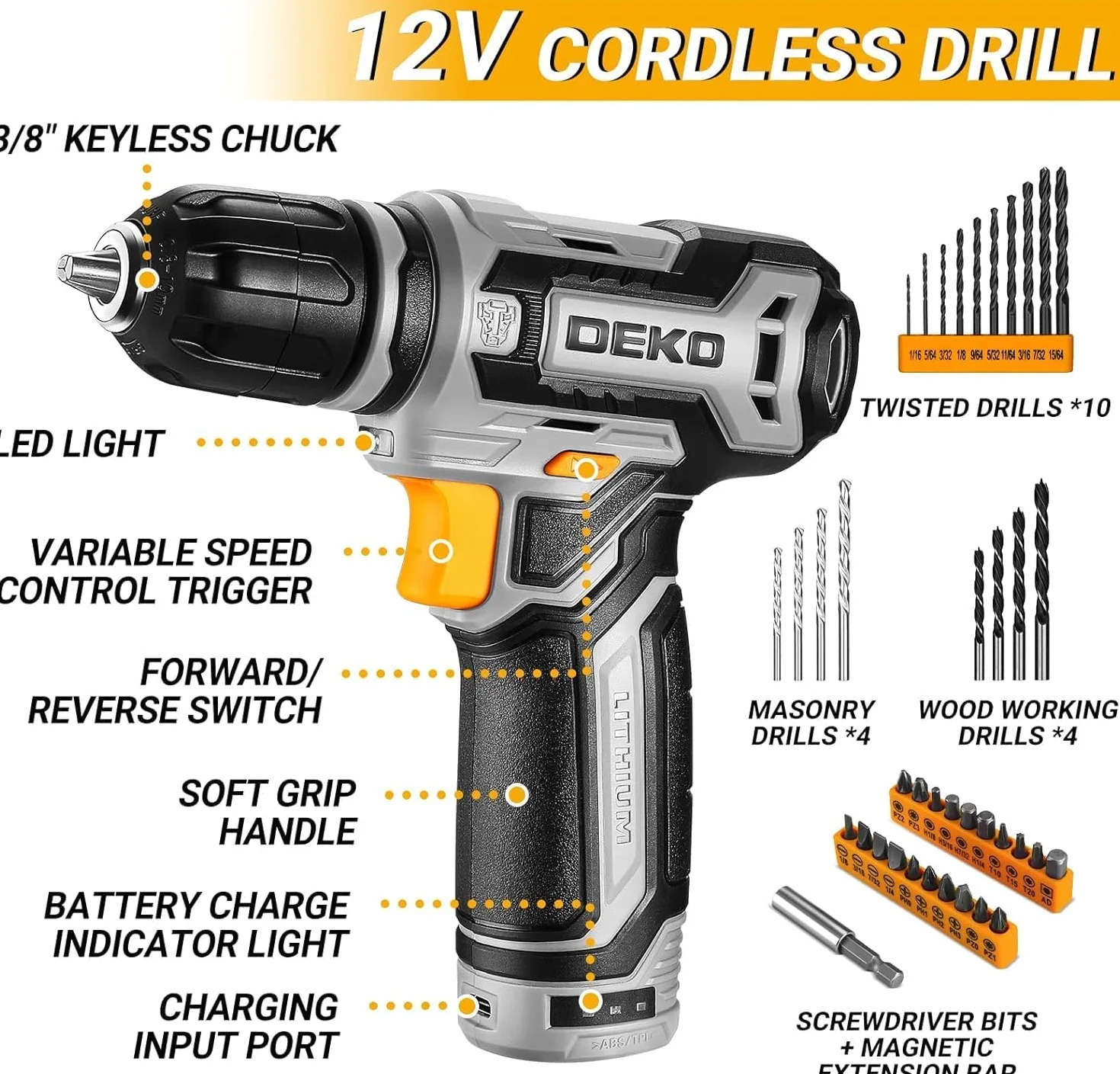 DEKO Cassetta Attrezzi Completa con Trapano Avvitatore Batteria 12V, 133 Pezzi Valigetta con Set Completo di Punte (Grigio)