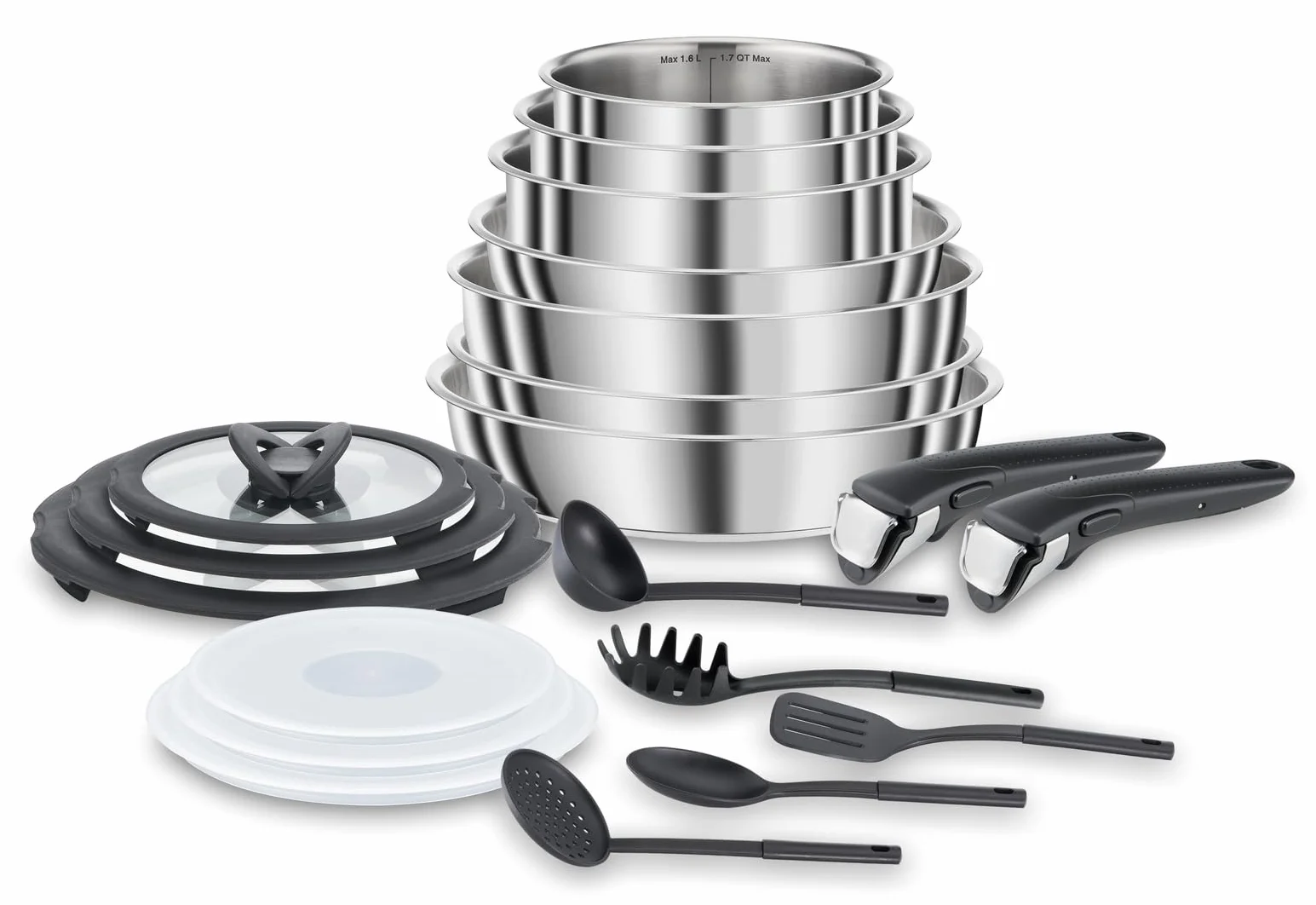 Lagostina Ingenio Inox Set di Pentole e Padelle in Acciaio Inox, 20 Pezzi, Adatto ad Induzione, Batteria di Pentole con 3 Casseruole, 3 Padelle, Tegame,6 Coperchi, 5 Utensili Cucina,2 Manici Amovibili