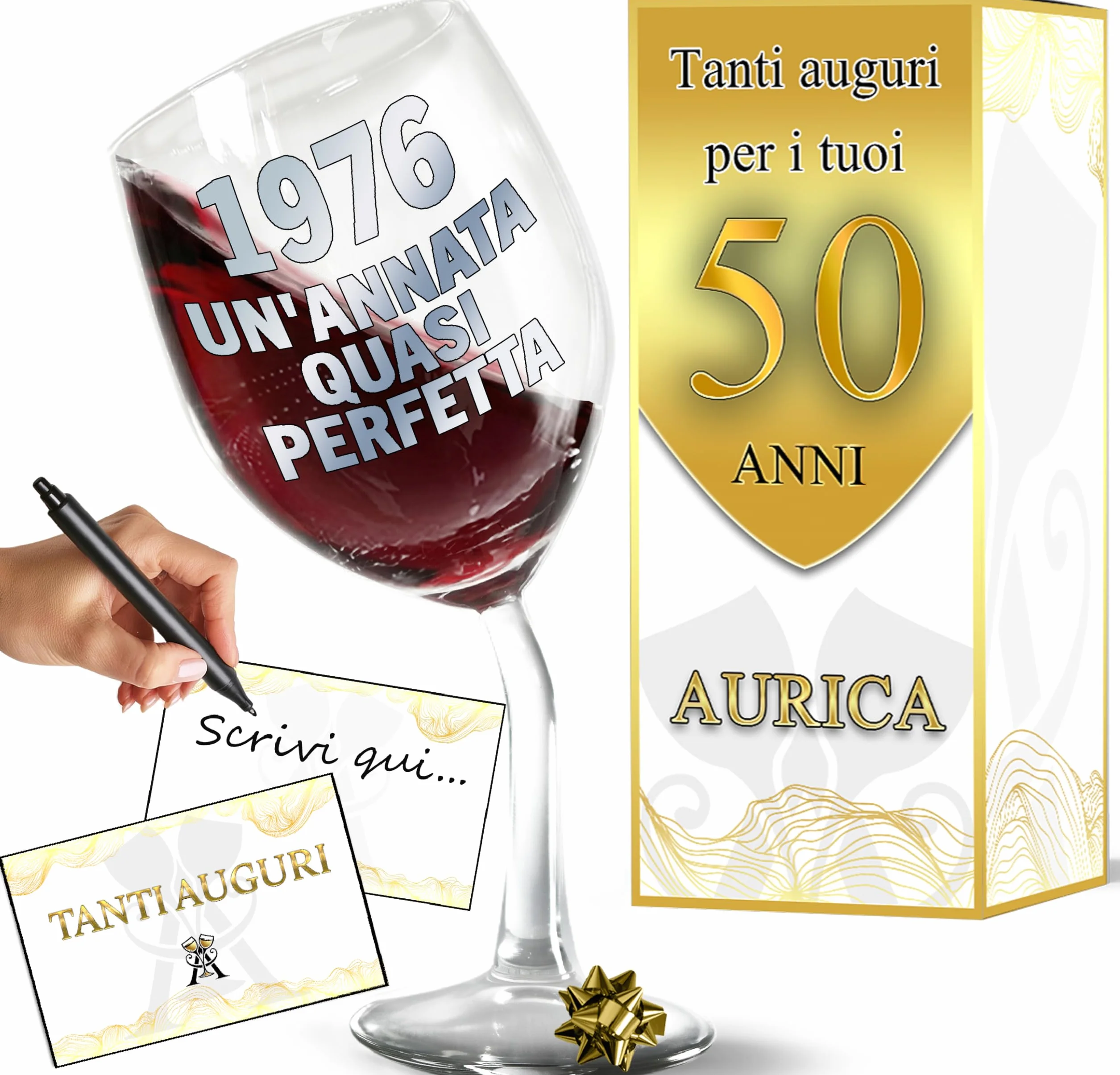 Calice Vino Personalizzato 50 ANNI - Bicchiere Piegato 440ml Cristallino Compleanno Regalo Originale 1976 con Scatola