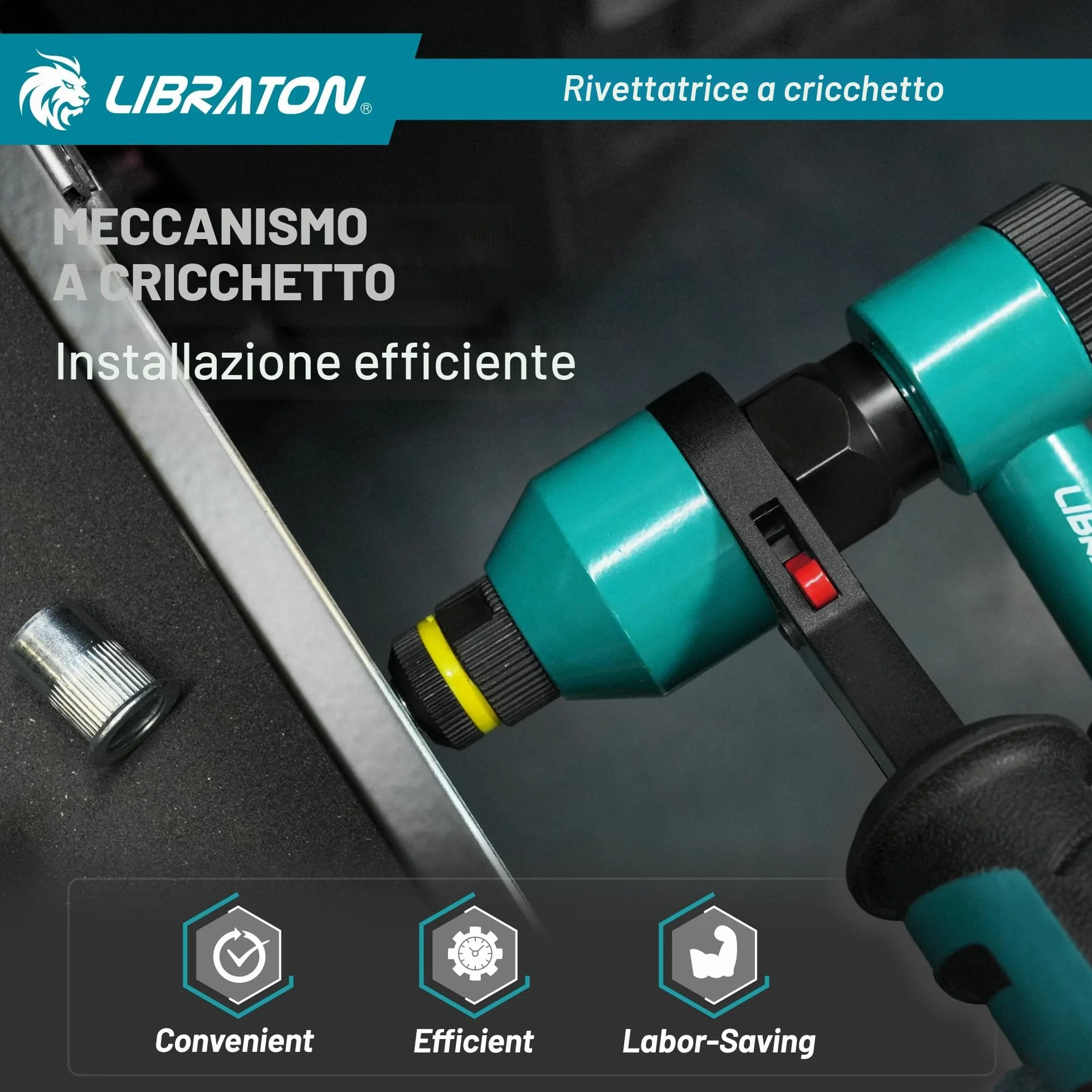 LIBRATON Rivettatrice per Inserti Filettati Manuale a Cricchetto con 5 Mandrini, 5 Ugelli, 50 Rivetti Dadi