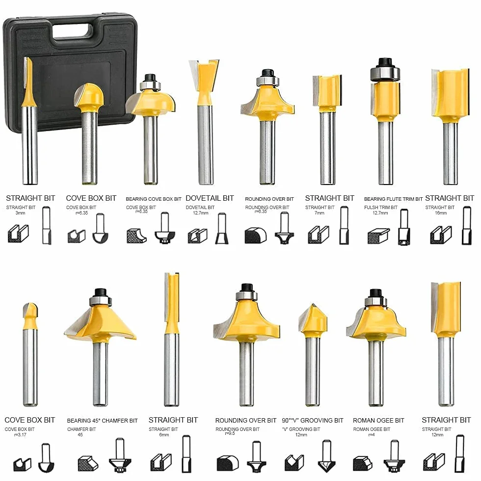 fresa a mano per legno, multifunzione 710 W + 15 pezzi, fresa in metallo duro da 6,35 mm