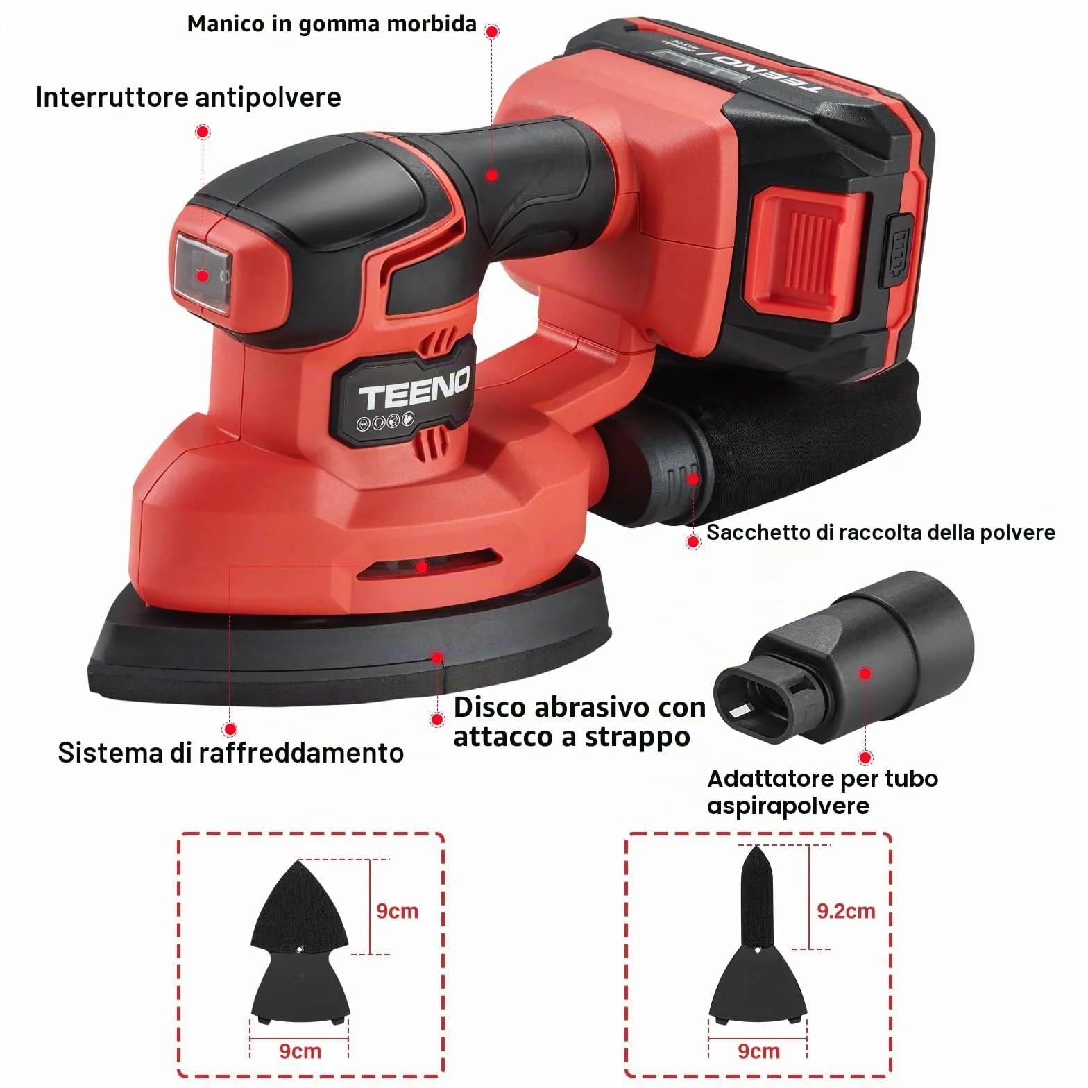 TEENO Levigatrice Senza Fili 3 in 1 20V 2Ah 13000 giri/min con Batteria e Sacchetto Polvere