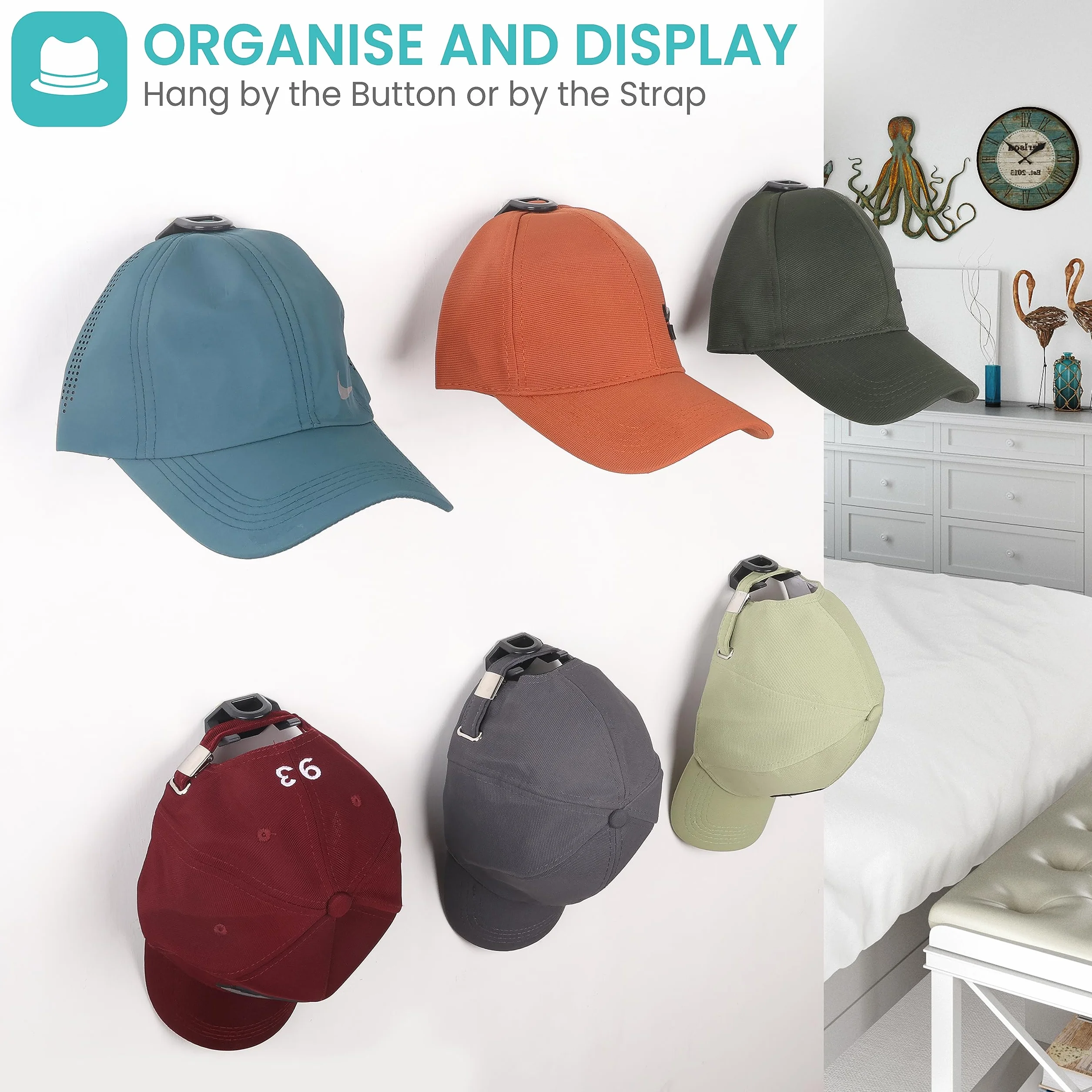 BELLE VOUS Ganci Adesivi Neri per Cappelli - Confezione da 16 - Porta Cappelli Muro