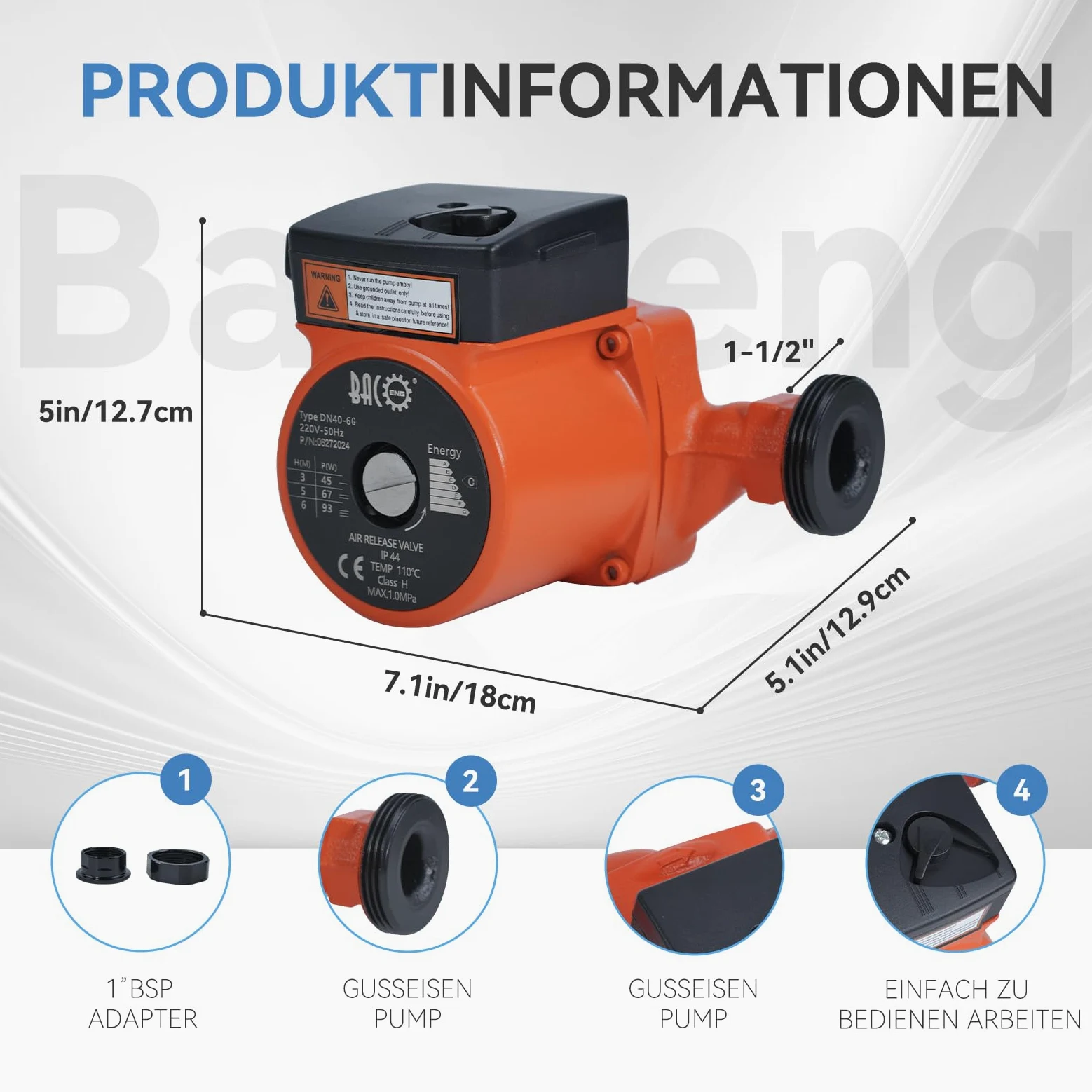 BACOENG Pompa di riscaldamento RS 25/6-180, pompa di riscaldamento 230 V/50 Hz, colore arancione
