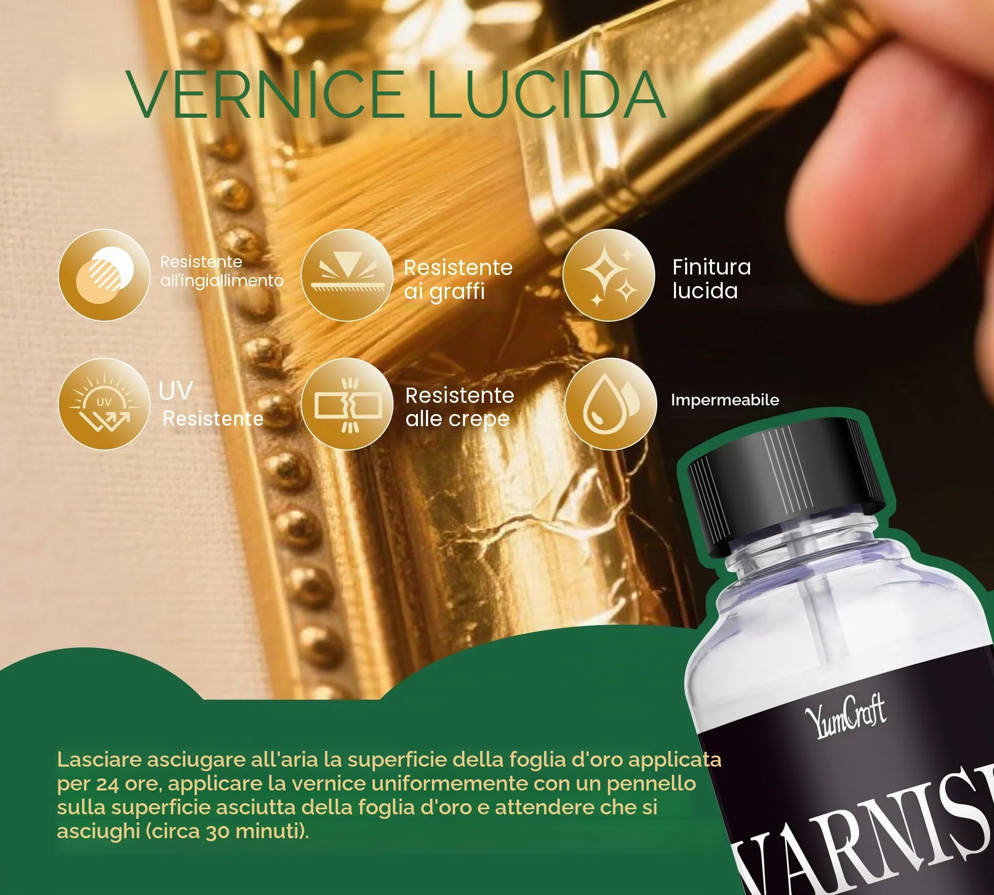Foglia Gold Set, Colla 100ml e Vernice Protettiva a Base D'Acqua da 100 ml, Fogli di Foglie D'Oro 100 Pezzi, 1 Pennelli, Utilizzato per Mestieri, Dipinti, Arte, Mobili e Decorazioni