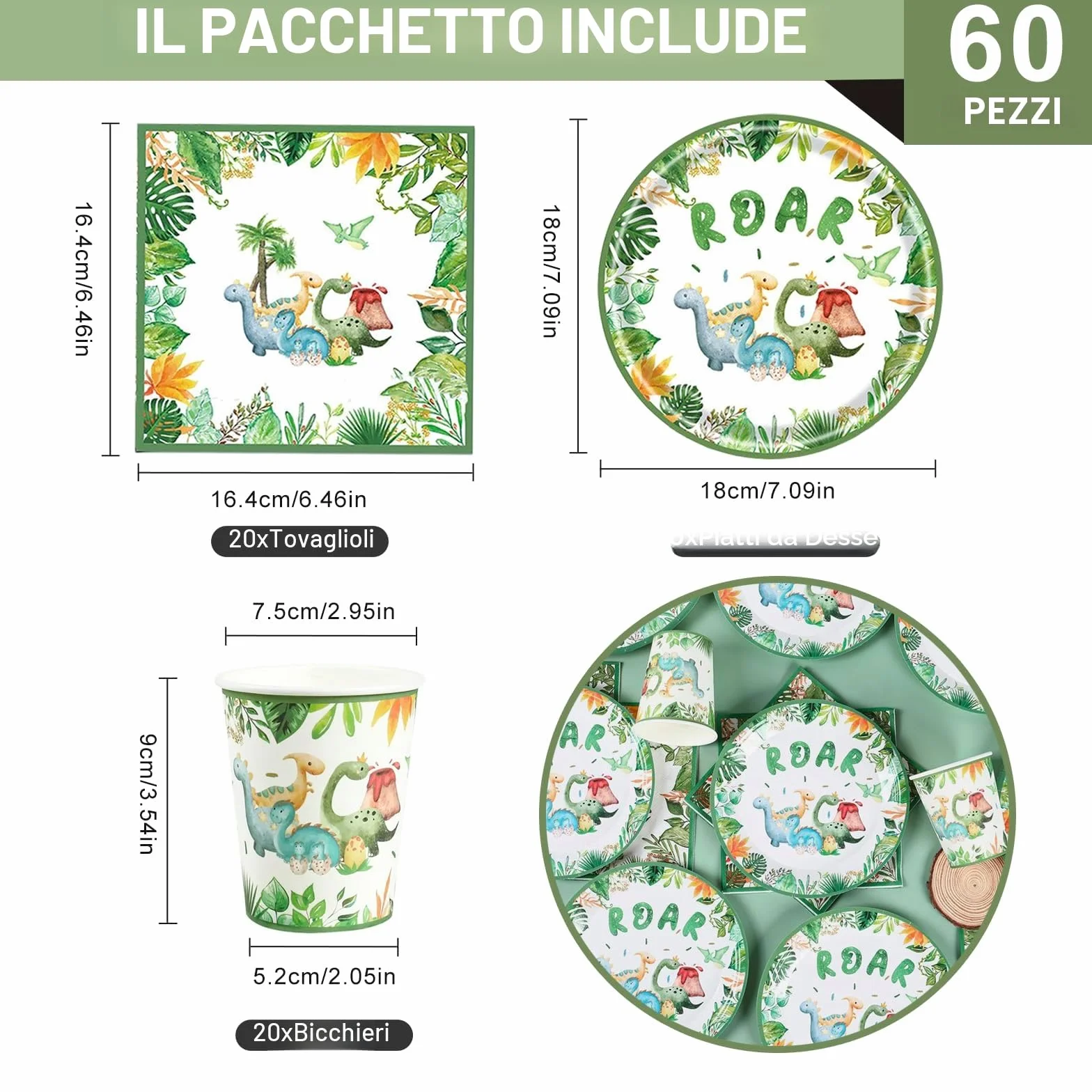 Bikasun 60 Pezzi Stoviglie per Dinosauro Set Tema Compleanno per Bambini 20 Ospiti