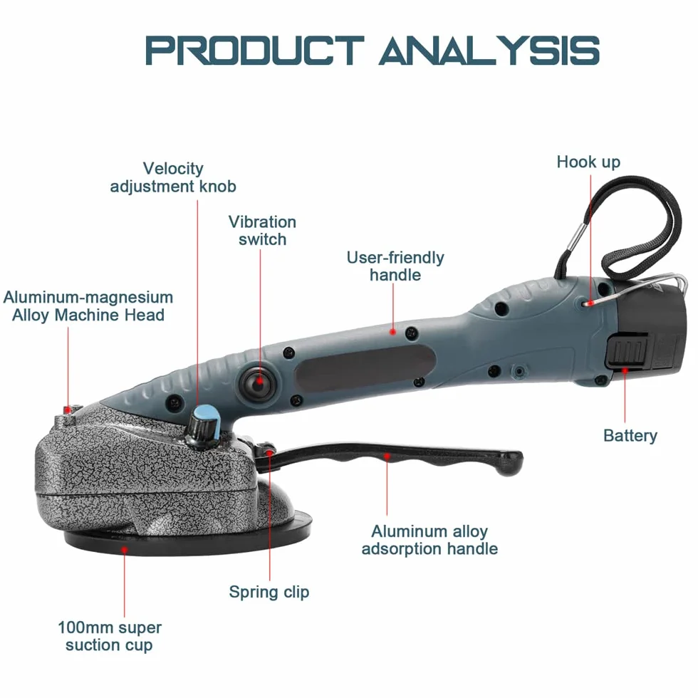 Weytoll Vibratori per Piastrelle a Batteria 45kg, 10 marce di frequenza regolabili per la posa di piastrelle a parete 100 x 100 mm (2 batterie)