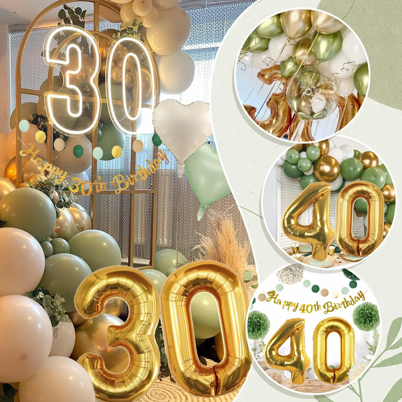 Palloncini 30 Anni Compleanno Verde Oro,Decorazioni 30 anni Compleanno Donna Uomo,Festone Happy 30th Birthday,Pompons, Palloncino Cuore Riutilizzabile,30 Anni Decorazioni Festa Compleanno