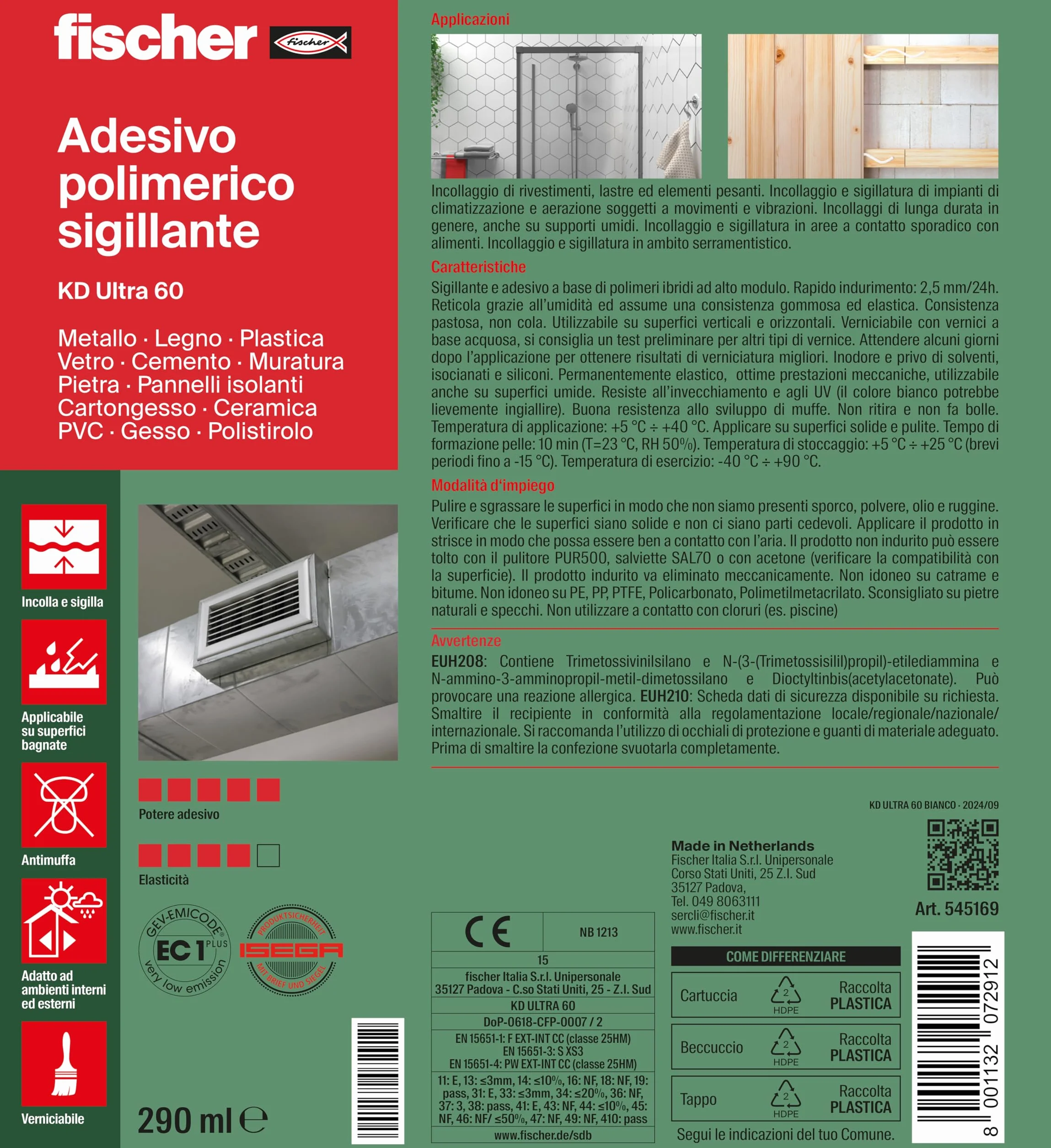 Fischer KD ULTRA 60 Bianco, Adesivo Polimerico Sigillante, Colla MS Extra Forte Resistente agli Agenti Atmosferici, per Giunzioni Resistenti nel Tempo Soggette a Movimento, per Esterni e Interni