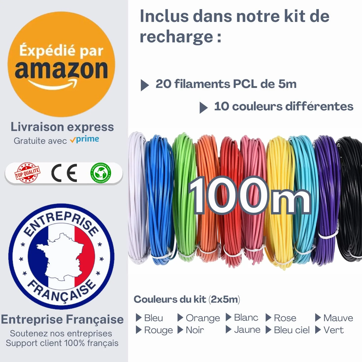 ABBICREA Set di 20 ricariche di filamento PCL per penna 3D a bassa temperatura - PCL 1,75 mm - Sicuro biodegradabile senza sostanze tossiche nocive - 2x10 colori da 5m - penna per stampa 3D
